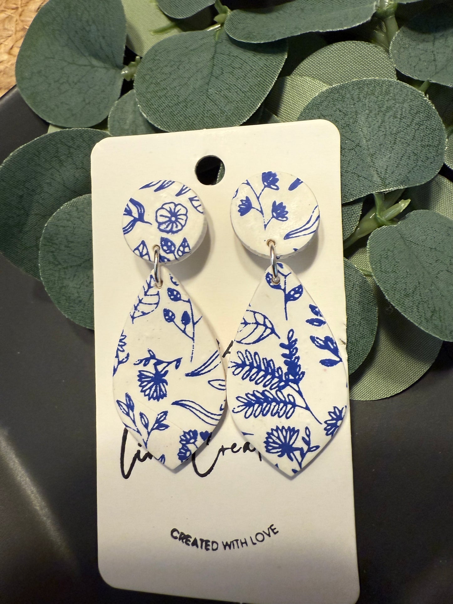 Clip on polymer clay earrings blue and white floral pattern dangle handmade clay gift for her wedding bridal gift
