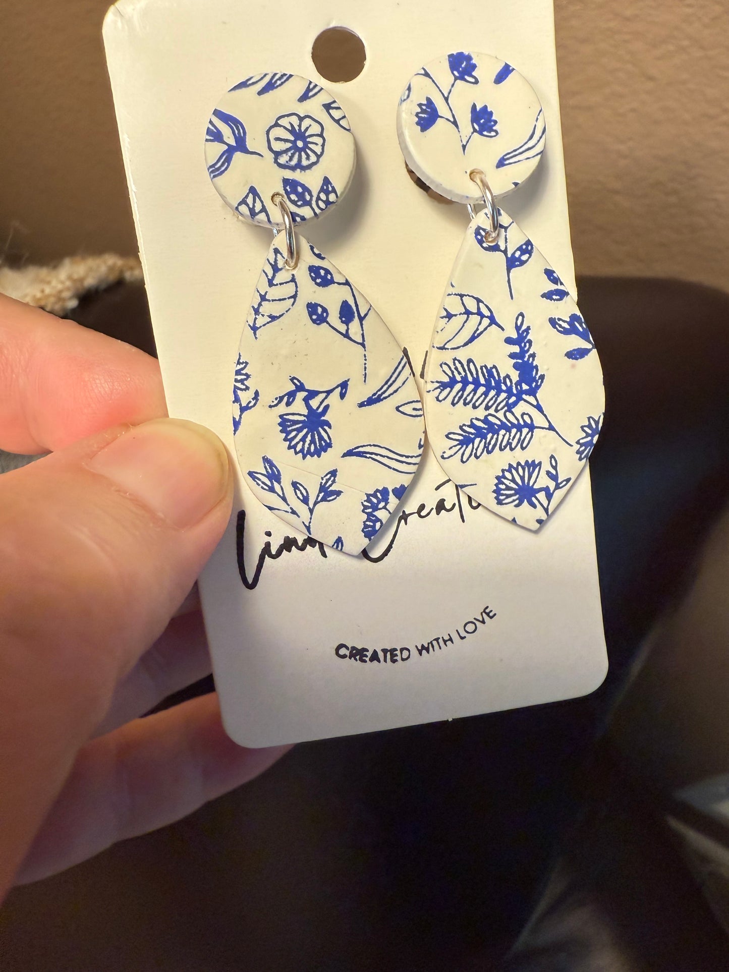 Clip on polymer clay earrings blue and white floral pattern dangle handmade clay gift for her wedding bridal gift
