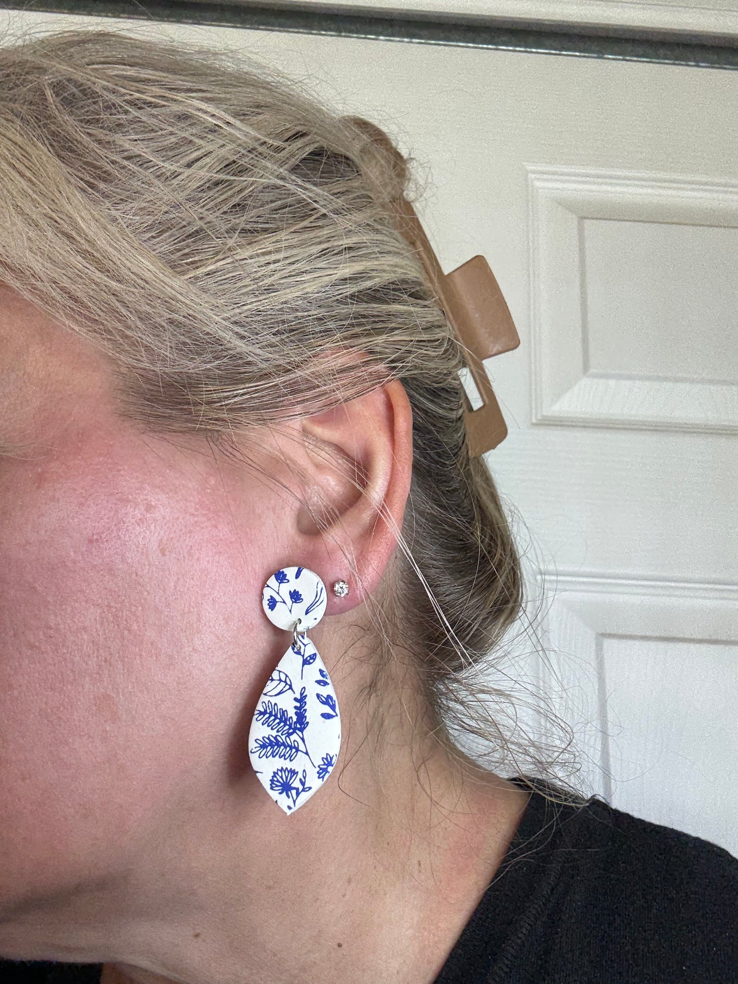Clip on polymer clay earrings blue and white floral pattern dangle handmade clay gift for her wedding bridal gift