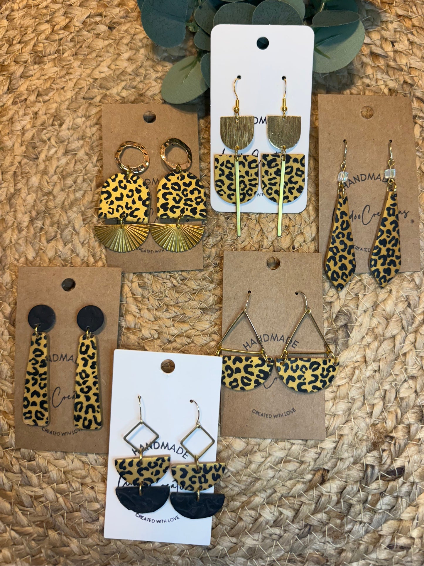 Leopard print clay earrings handmade animal print jewelry tan black geometric edgy modern clay earring trendy bold statement funky jewelry gift for stylish woman