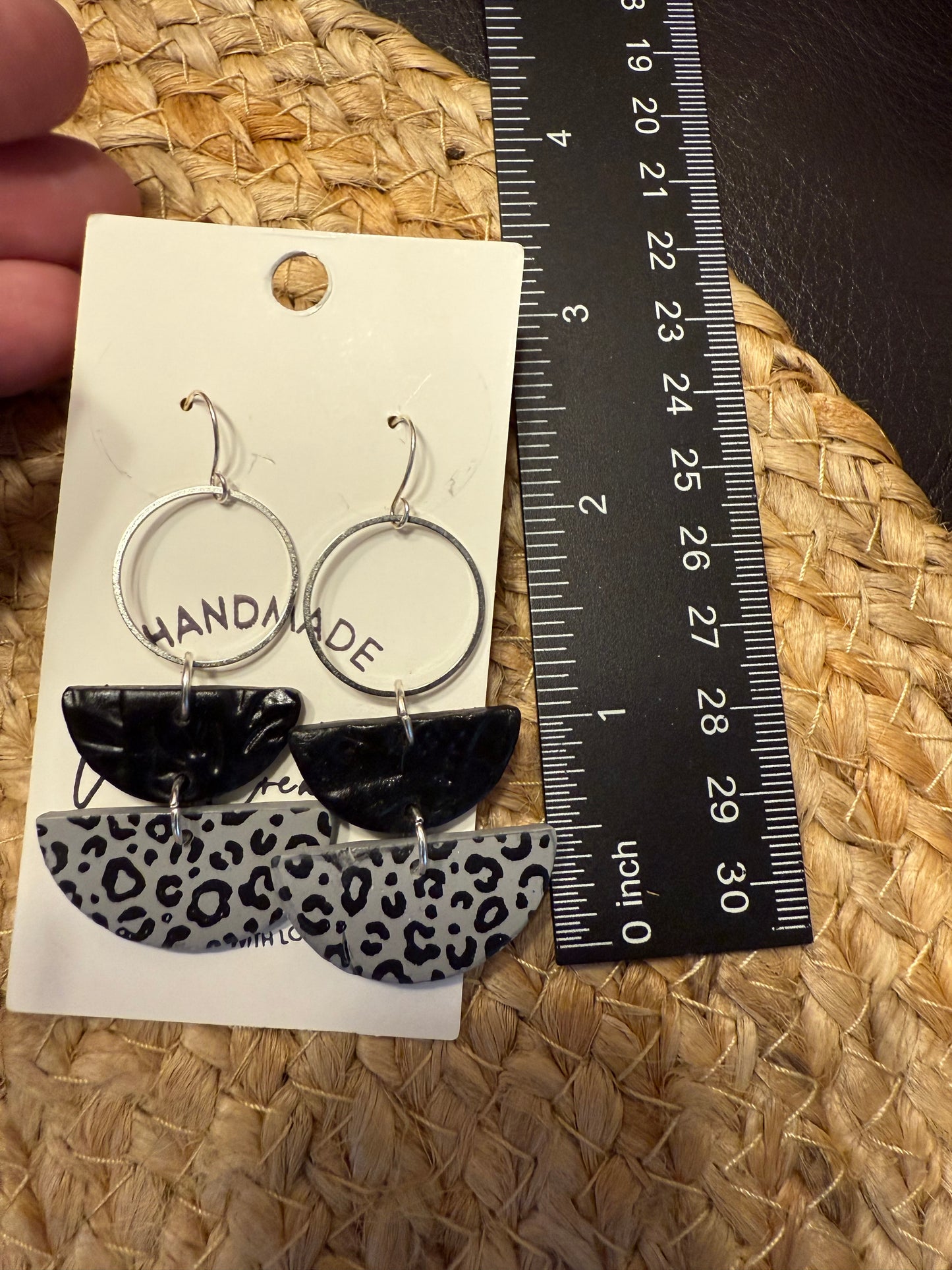Leopard print clay earrings handmade animal print jewelry grey black geometric edgy modern clay earring trendy bold statement funky jewelry gift for stylish woman