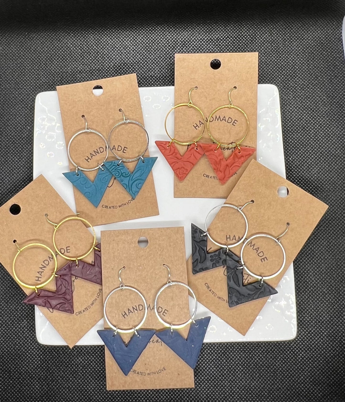 Burgundy textured handmade clay earrings geometric Maroon dark red lightweight modern angle gold circle The Arrow