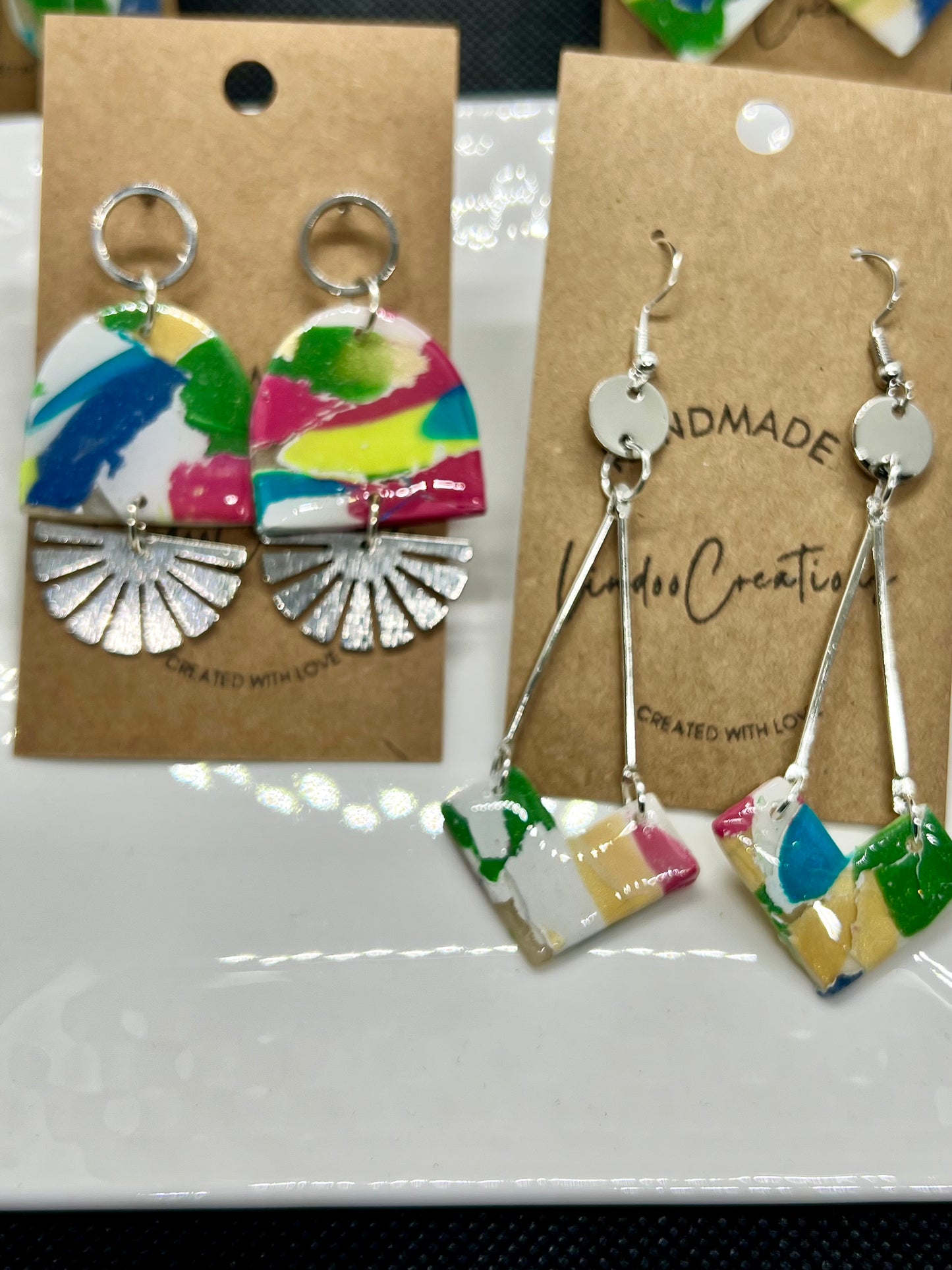 Retro multi color right angle dangling clay earring shiny resin coating silver bar and disc modern earringThe Keira