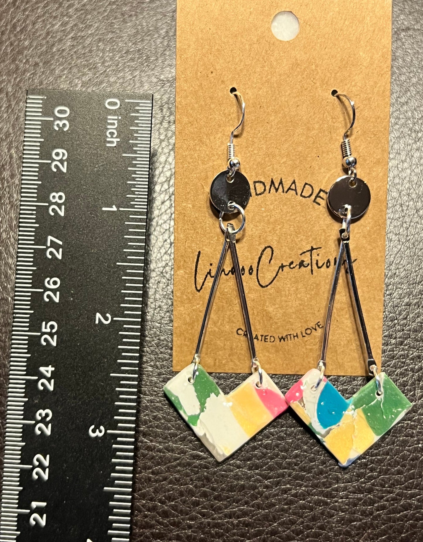 Retro multi color right angle dangling clay earring shiny resin coating silver bar and disc modern earringThe Keira