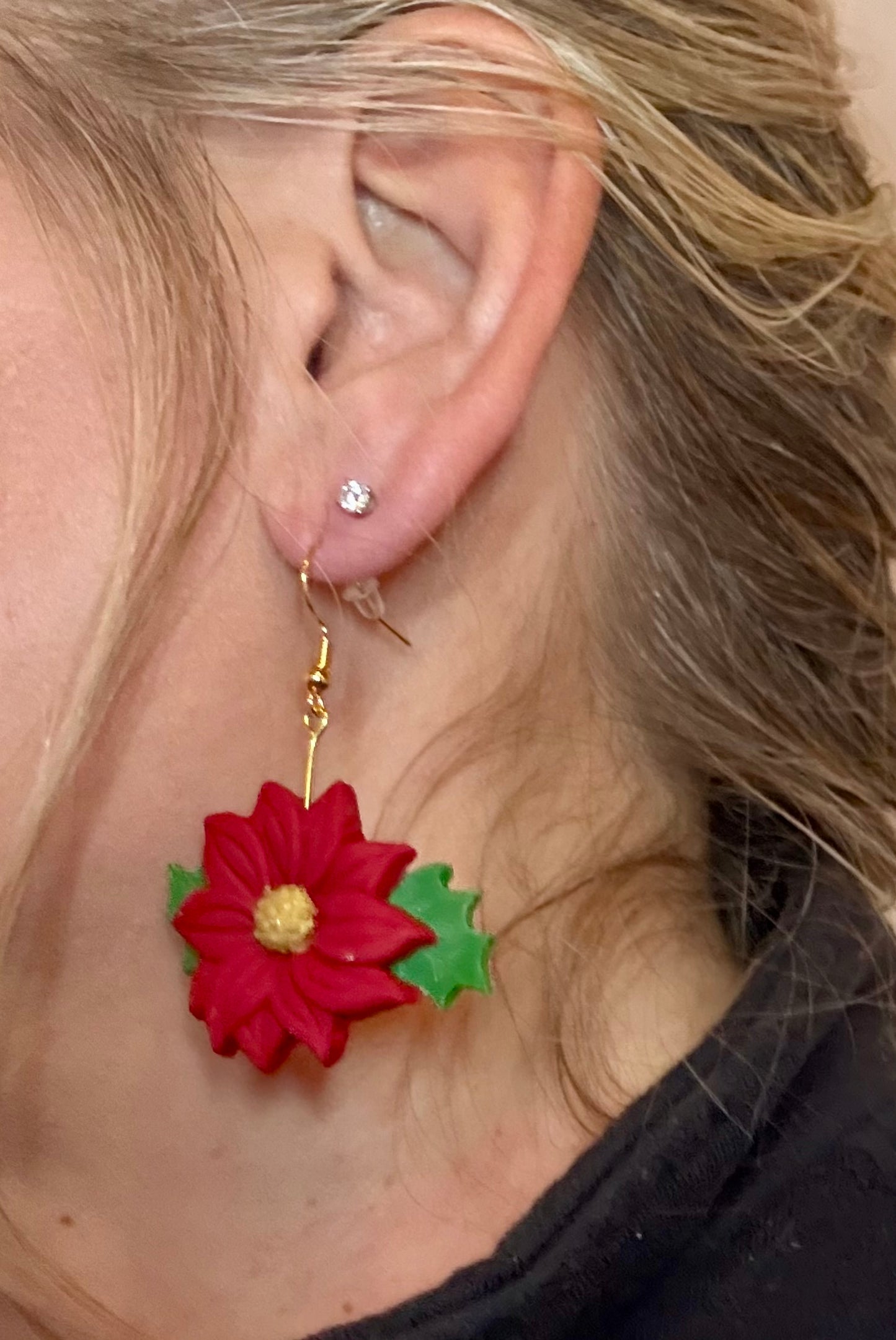 Red Poinsettia Christmas earrings handmade lightweight polymer clay Holiday gift for her