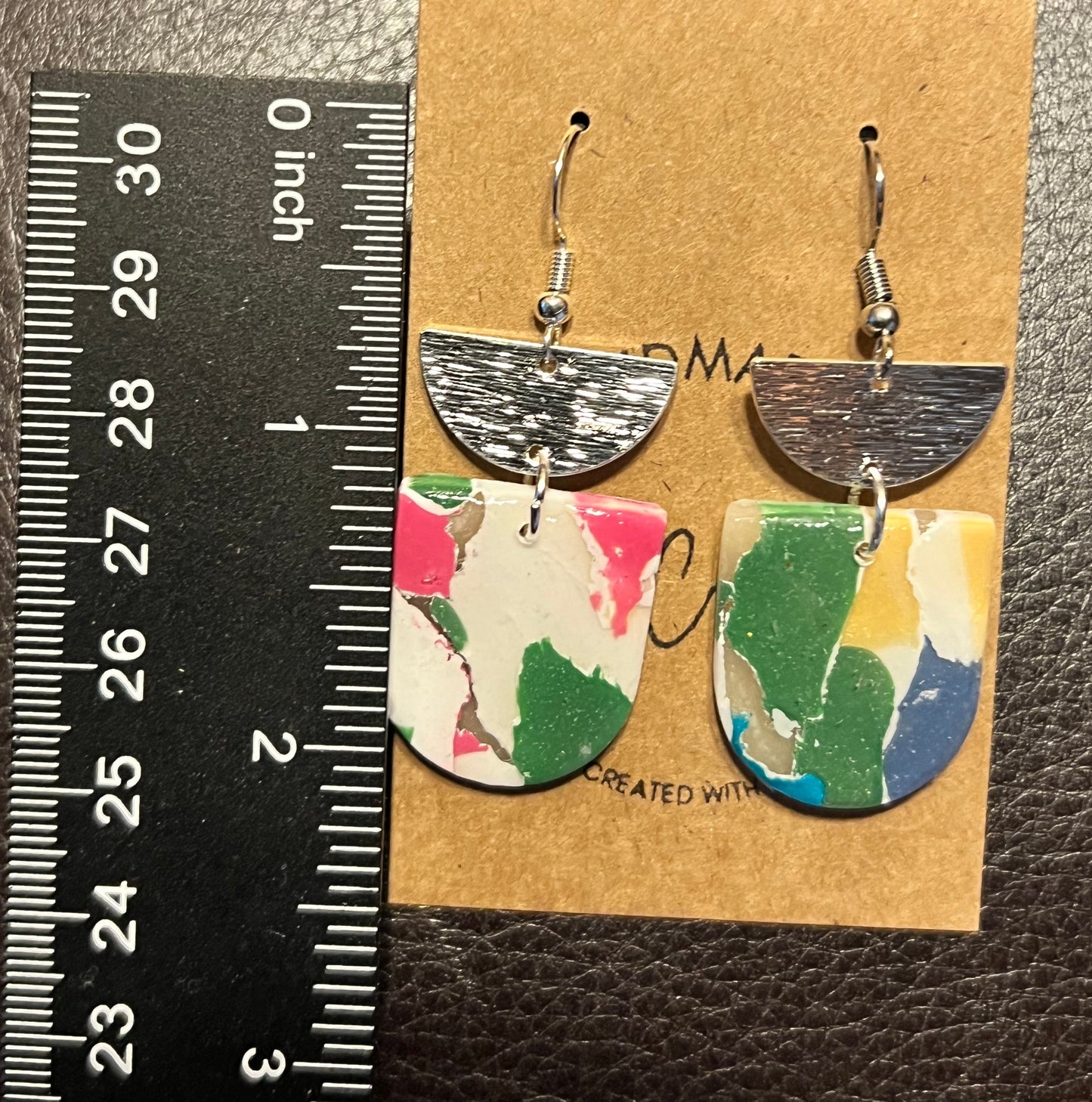 Retro multi color arch dangling clay earring shiny resin coating silver disc The Maya