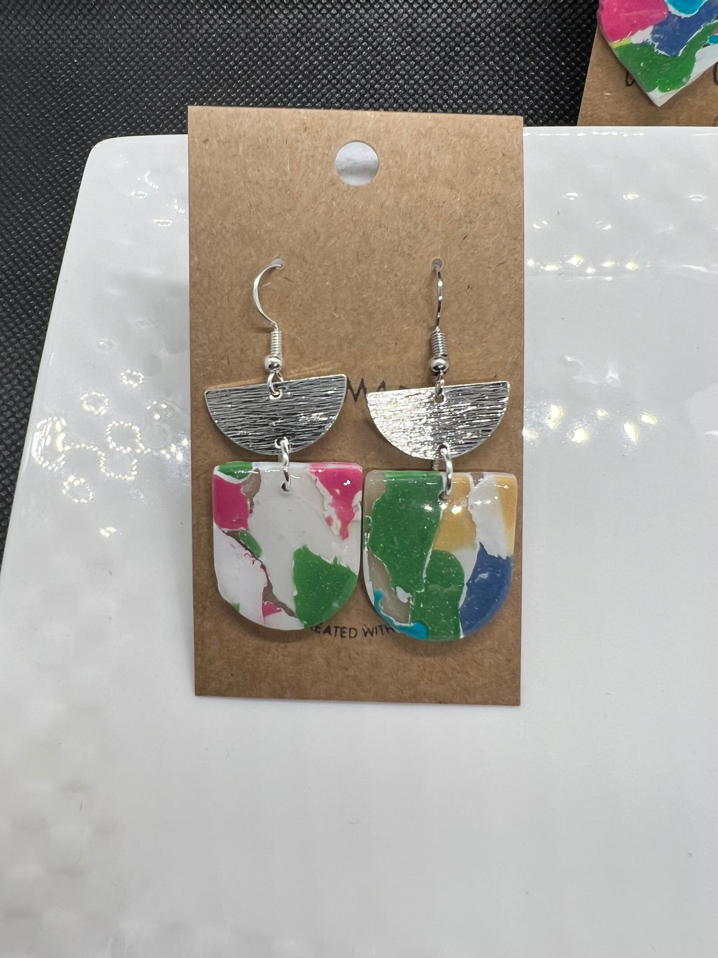 Retro multi color arch dangling clay earring shiny resin coating silver disc The Maya