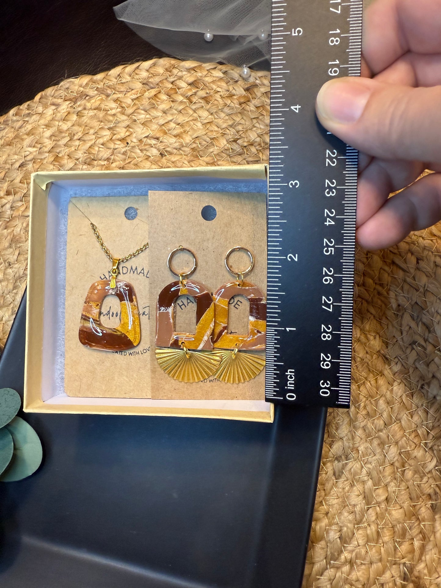 Brown marble earrings & necklace SET with gold charms