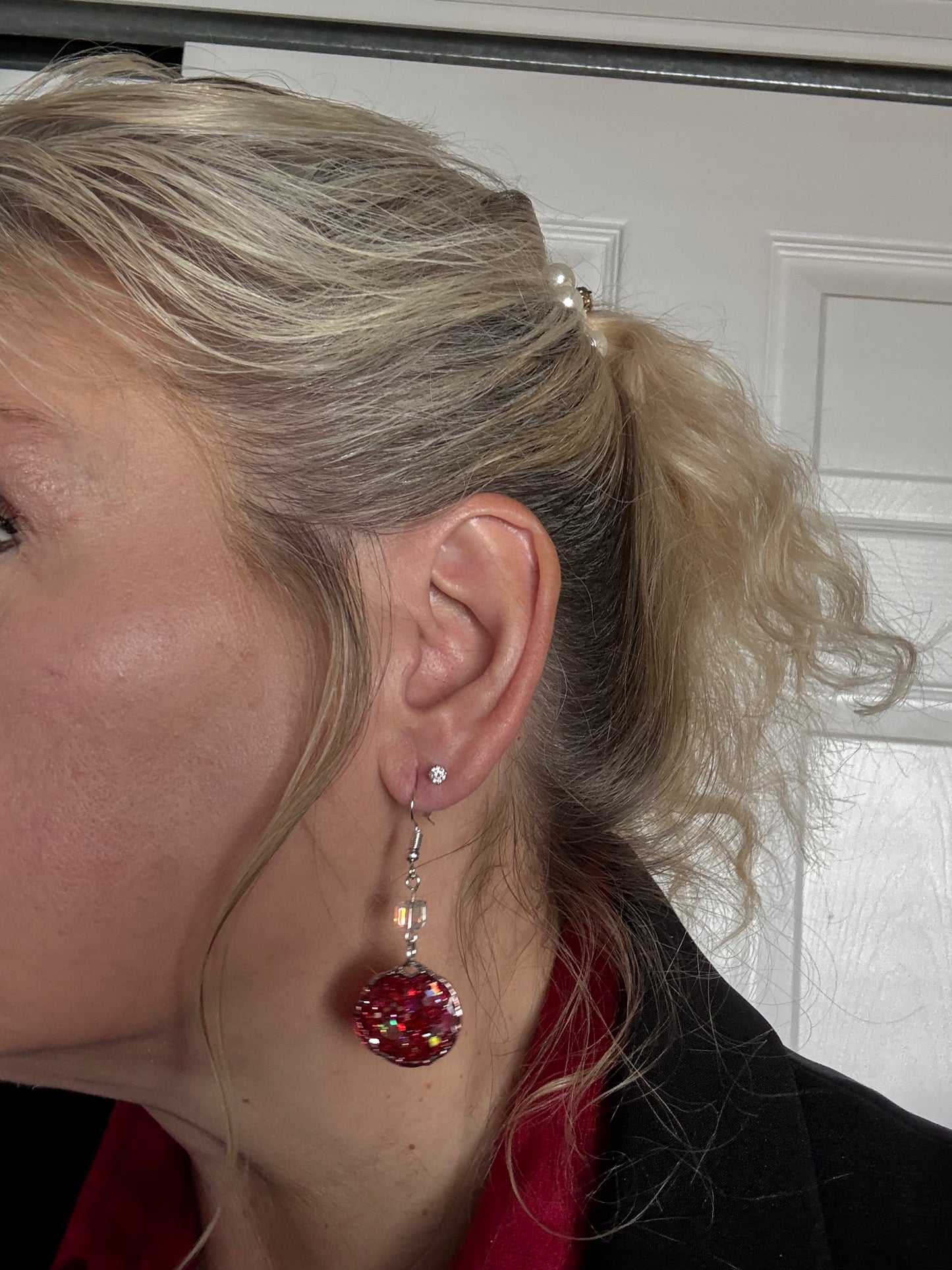 red glitter in resin holiday sparkly earrings handmade party glam silver bead glitter statement earrings gift for Christmas party New Year's Eve