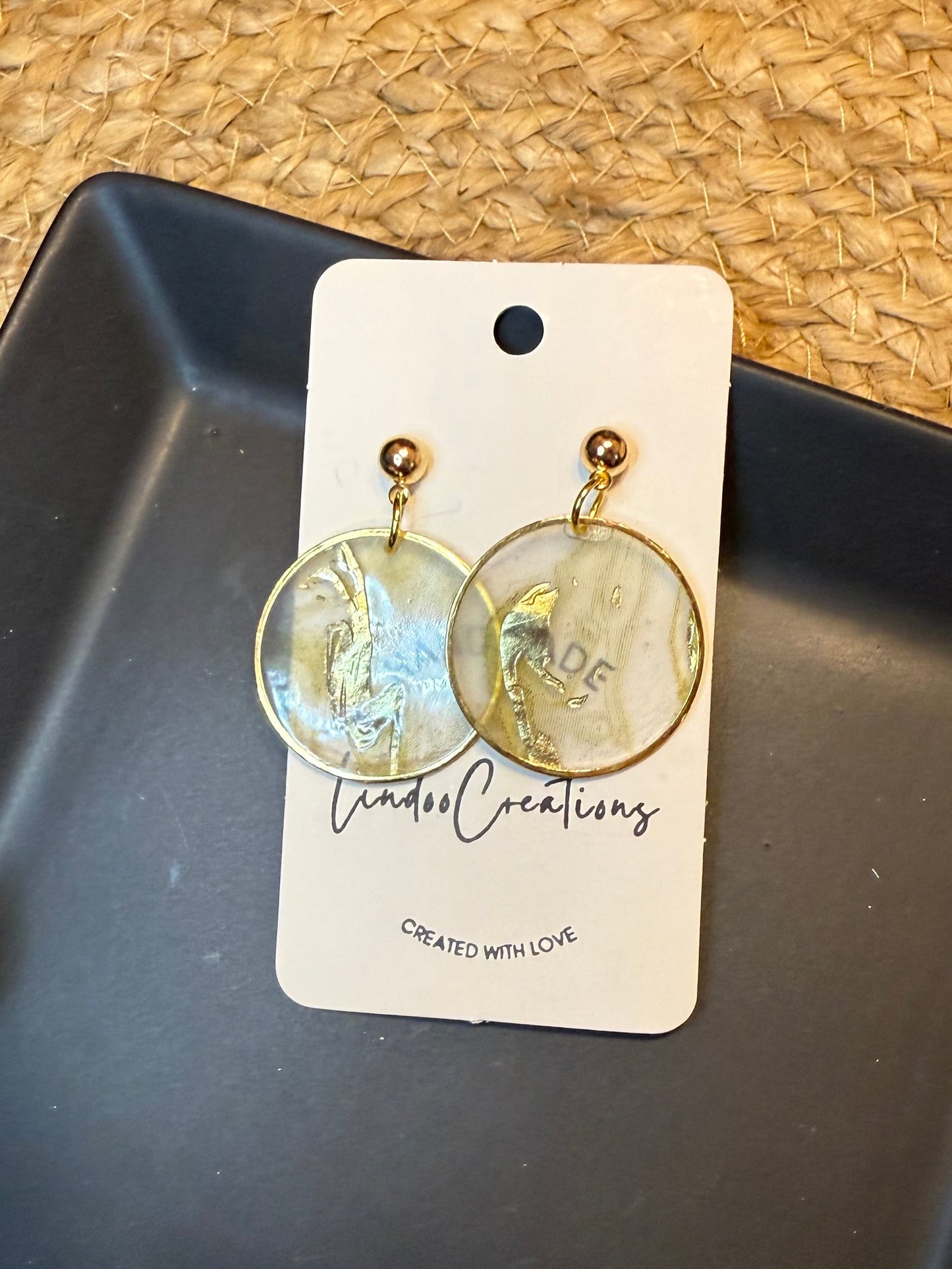 Gold circle dangle earrings with gold leaf abstract art pattern in resin lightweight modern earrings handmade great gift idea gold ball pushback posts
