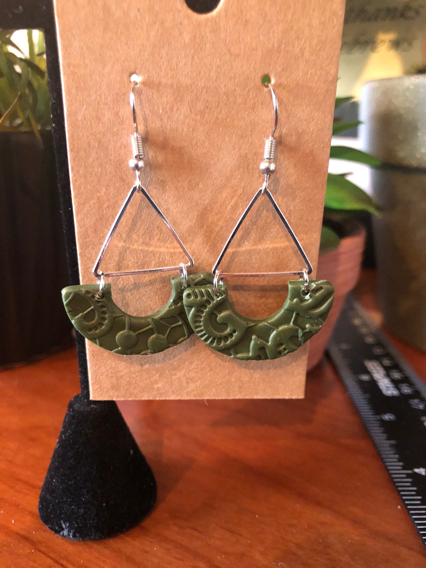 Olive Green arch dangling textured lightweight handmade clay earrings with silver triangle modern earrings The Wendy
