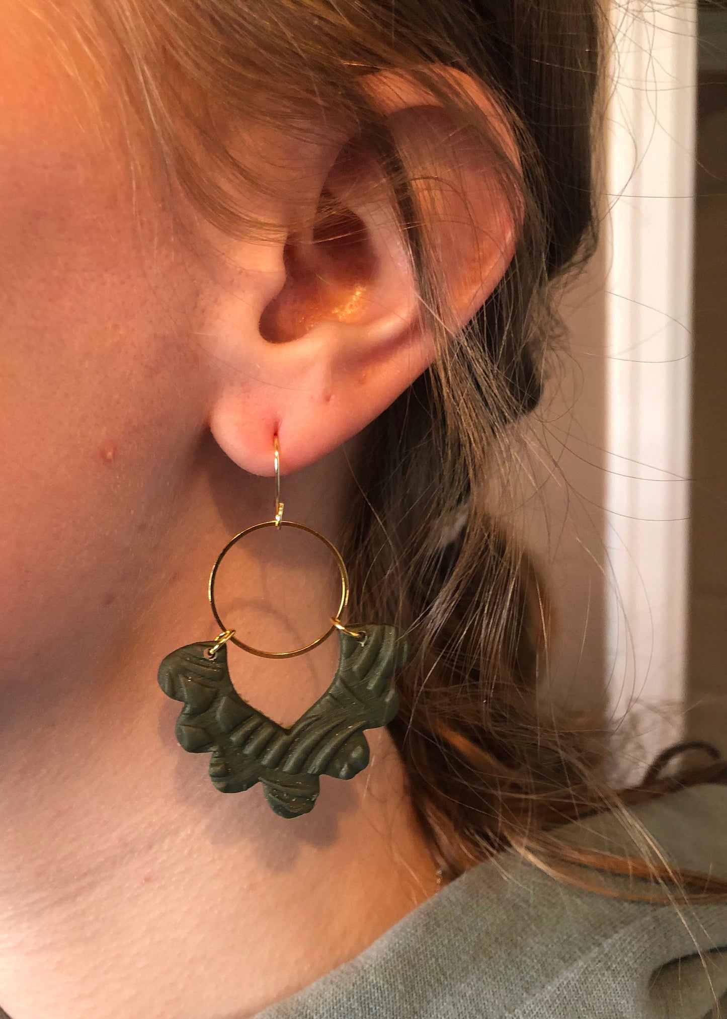 Olive Green textured clay lacy dangle earrings handmade lightweight The Tracy