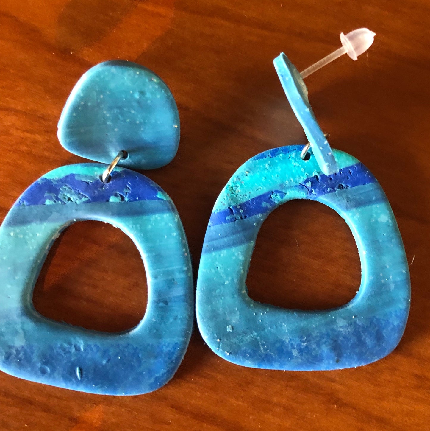 Blue Lagoon lightweight clay earrings with plastic posts non metal blue hoops metal allergy The Charity