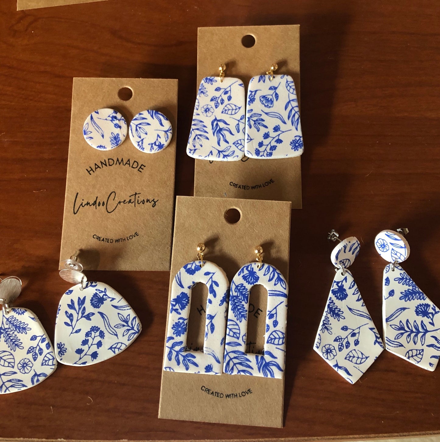 Blue and white Floral painted clay earrings/lightweight/the Lizzy