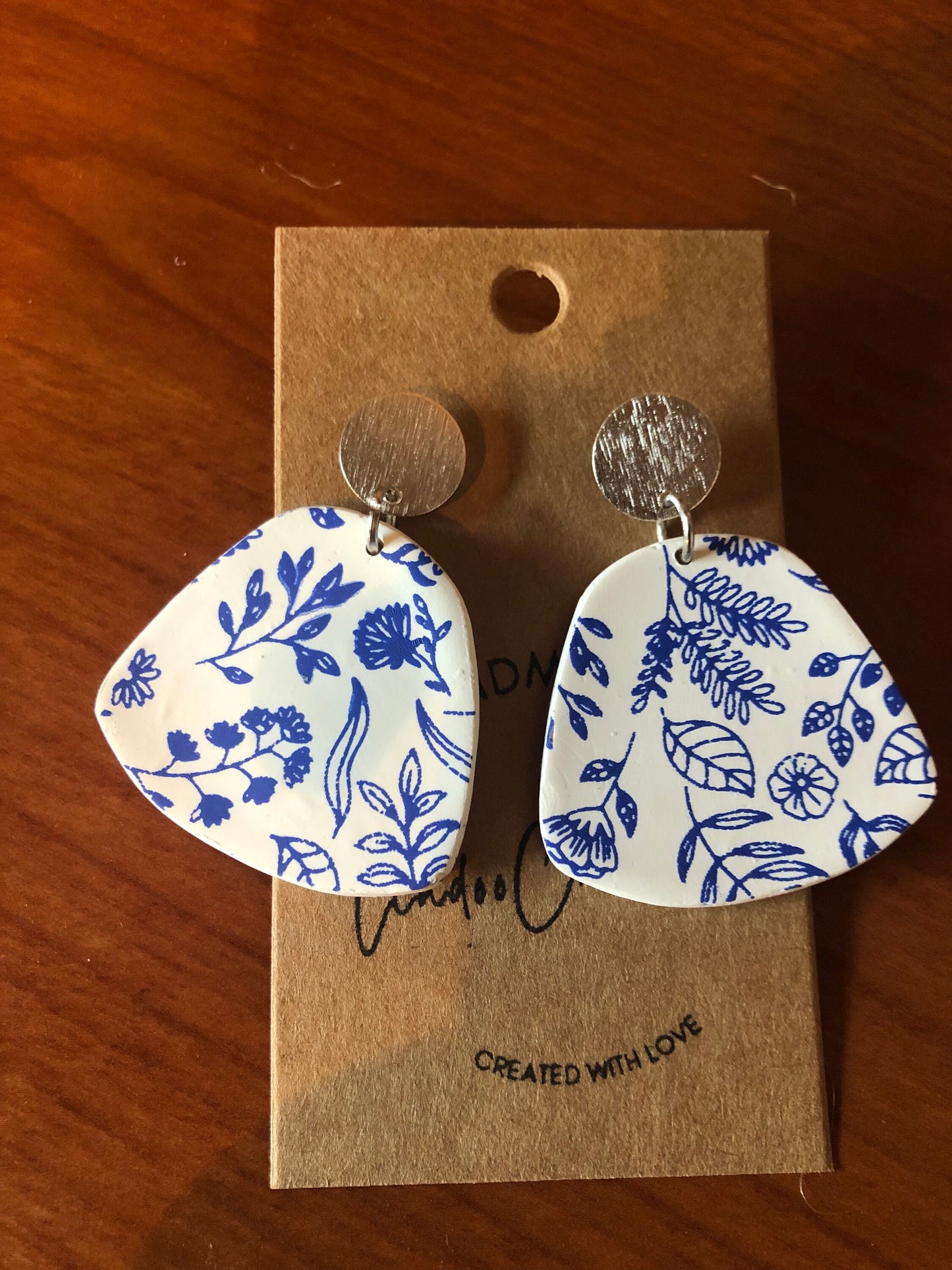 Blue and white Floral painted clay earrings/lightweight/the Lizzy