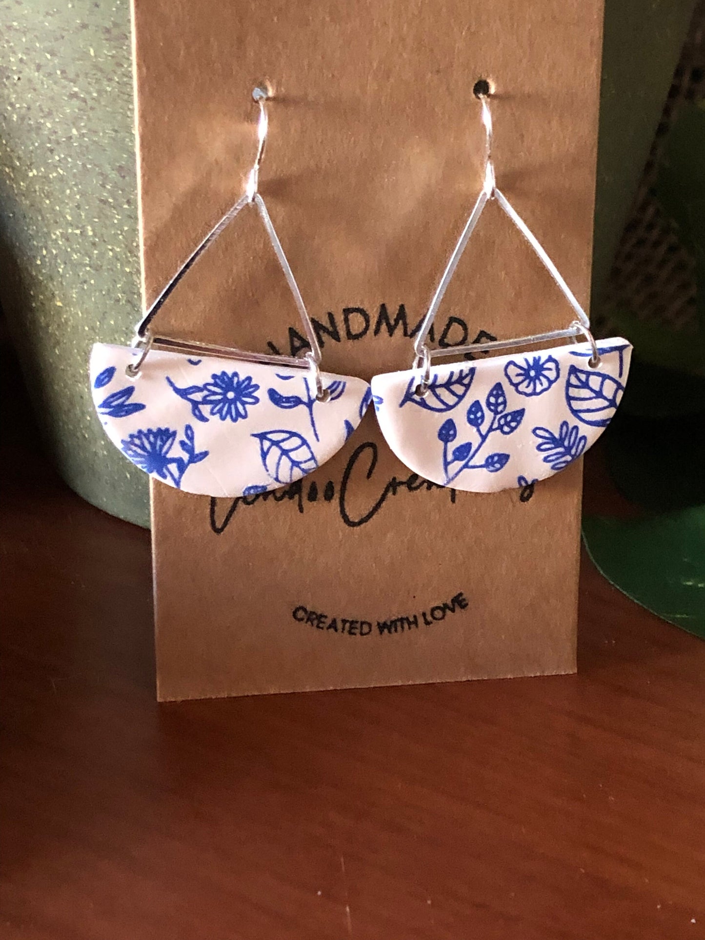 Blue and white Floral dangling clay earrings modern disc shape Silver hardware handmade lightweightThe Katie