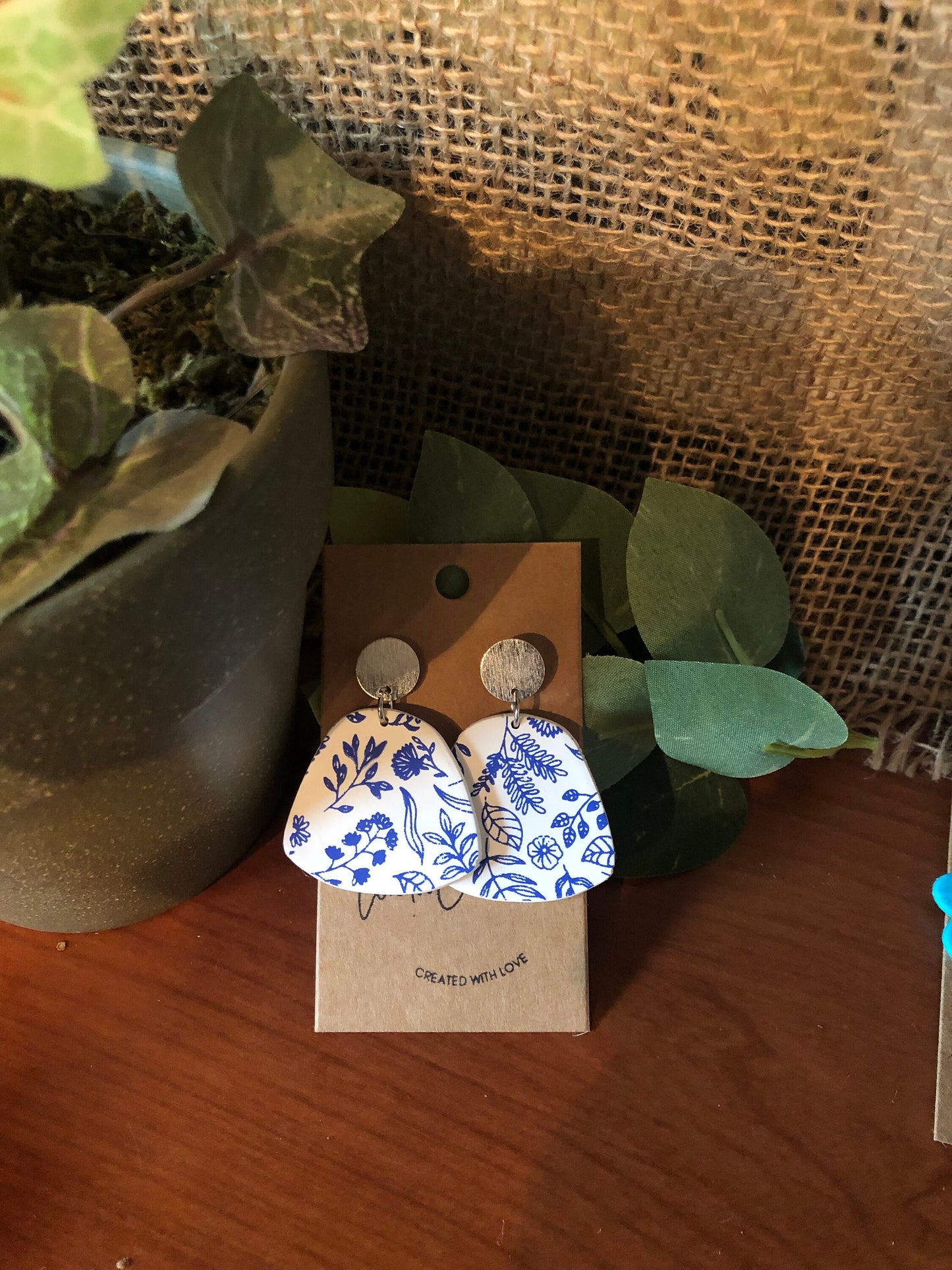 Blue and white Floral painted clay earrings/lightweight/the Lizzy