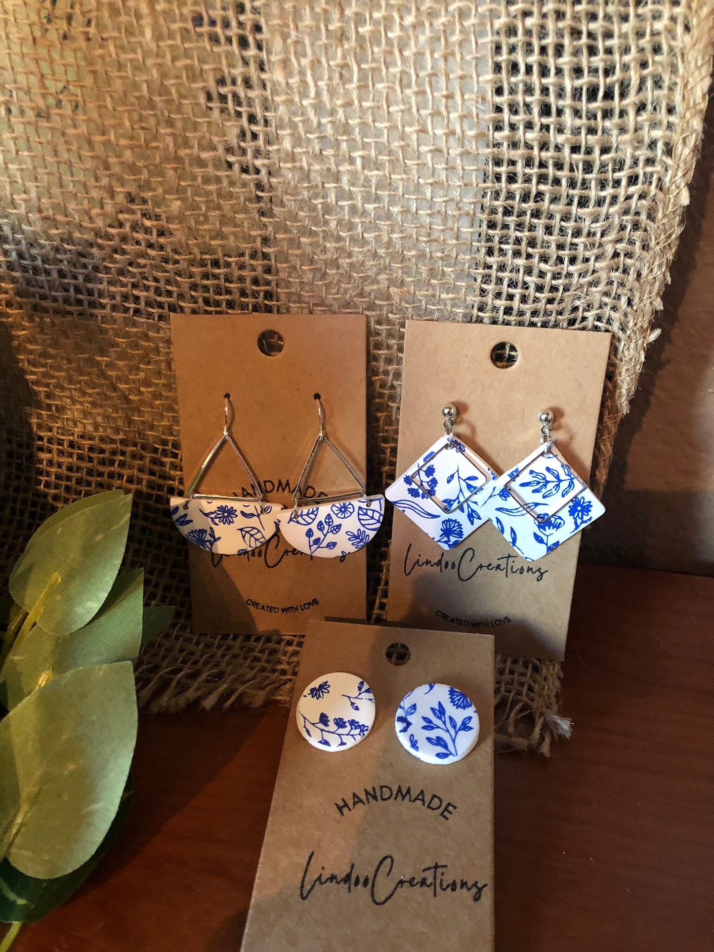Blue & white Floral dangling clay earrings/disc/Silver hardware/lightweight/The Katie