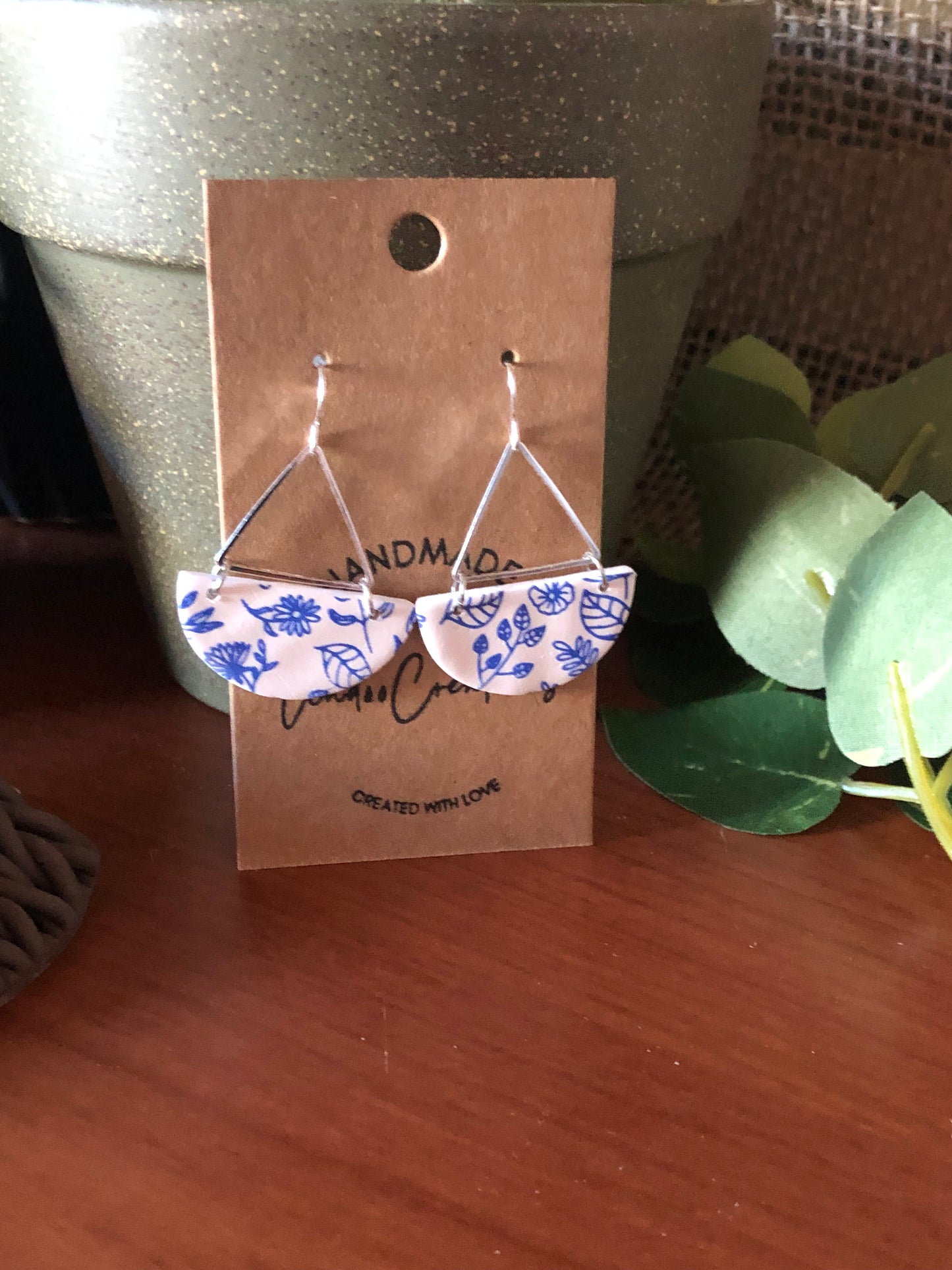 Blue and white Floral dangling clay earrings modern disc shape Silver hardware handmade lightweightThe Katie