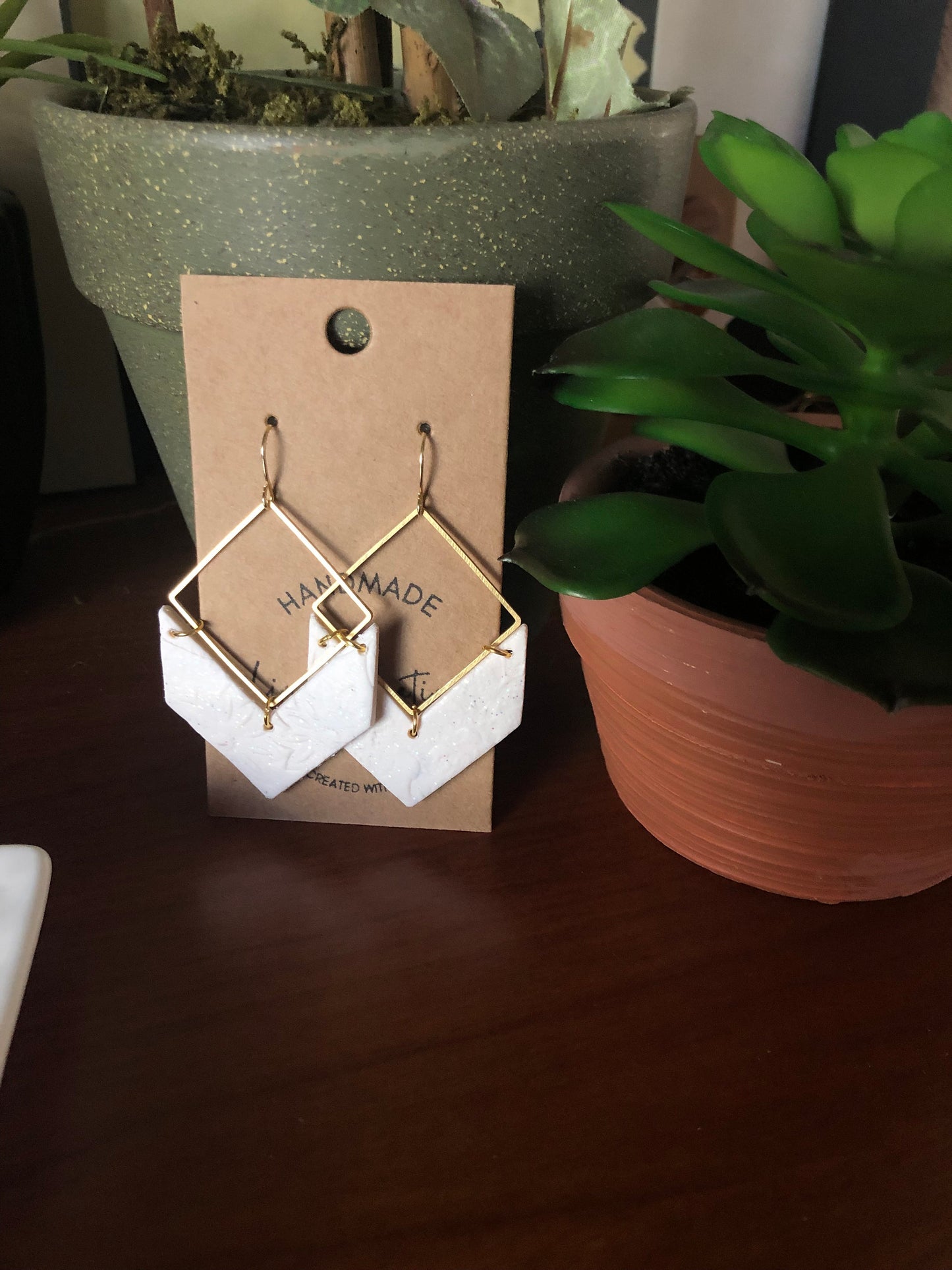 Pearl White textured clay earrings gold hardware handmade Lightweight modern dangle The Nikki