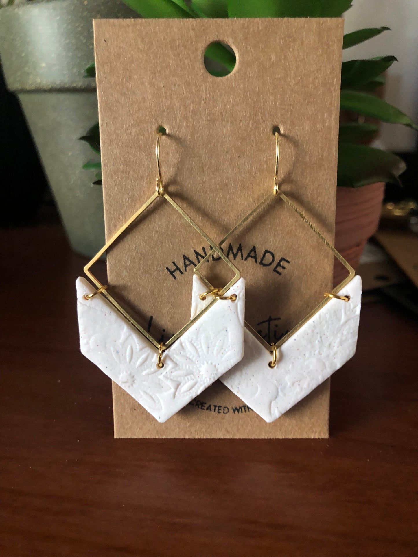 Pearl White textured clay earrings gold hardware handmade Lightweight modern dangle The Nikki