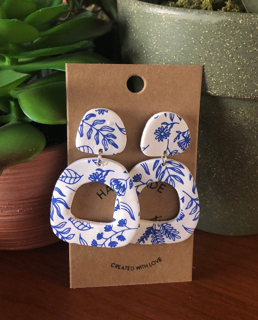 Blue and white Floral lightweight clay earrings with plastic posts non metal nickel allergy The Charity