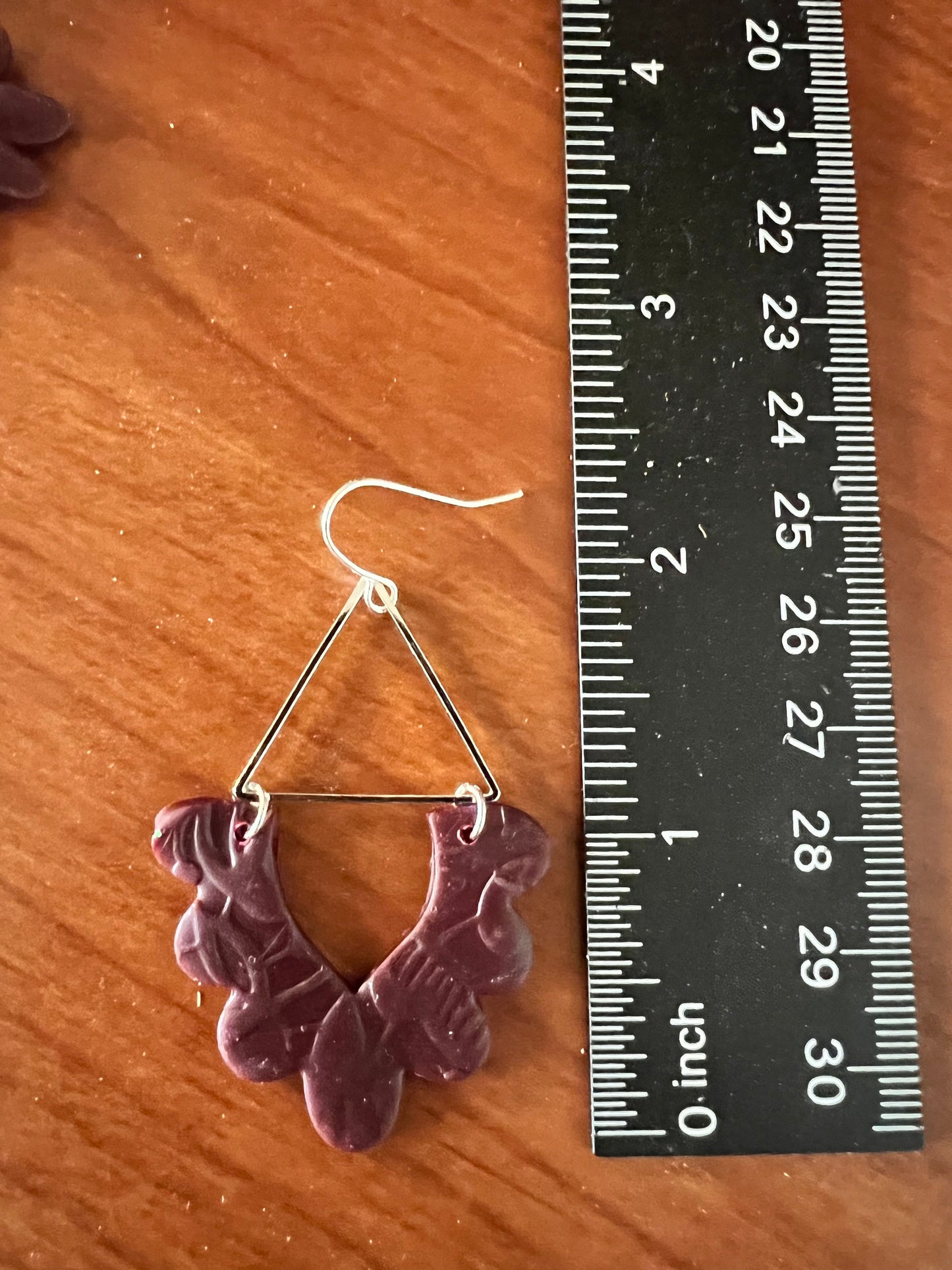 Burgundy scallop shape textured dangling clay earrings maroon dark red silver hardware handmade lightweight The Tracy