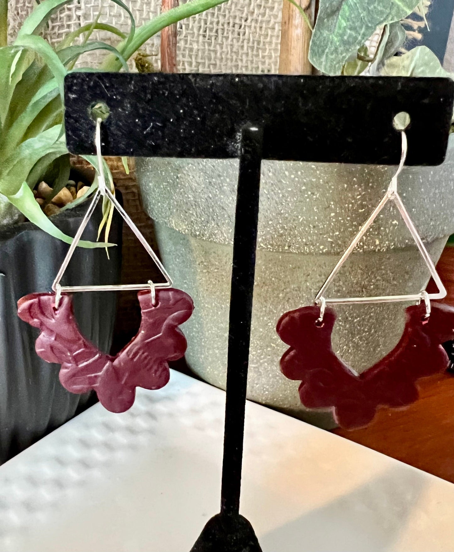 Burgundy scallop shape textured dangling clay earrings maroon dark red silver hardware handmade lightweight The Tracy