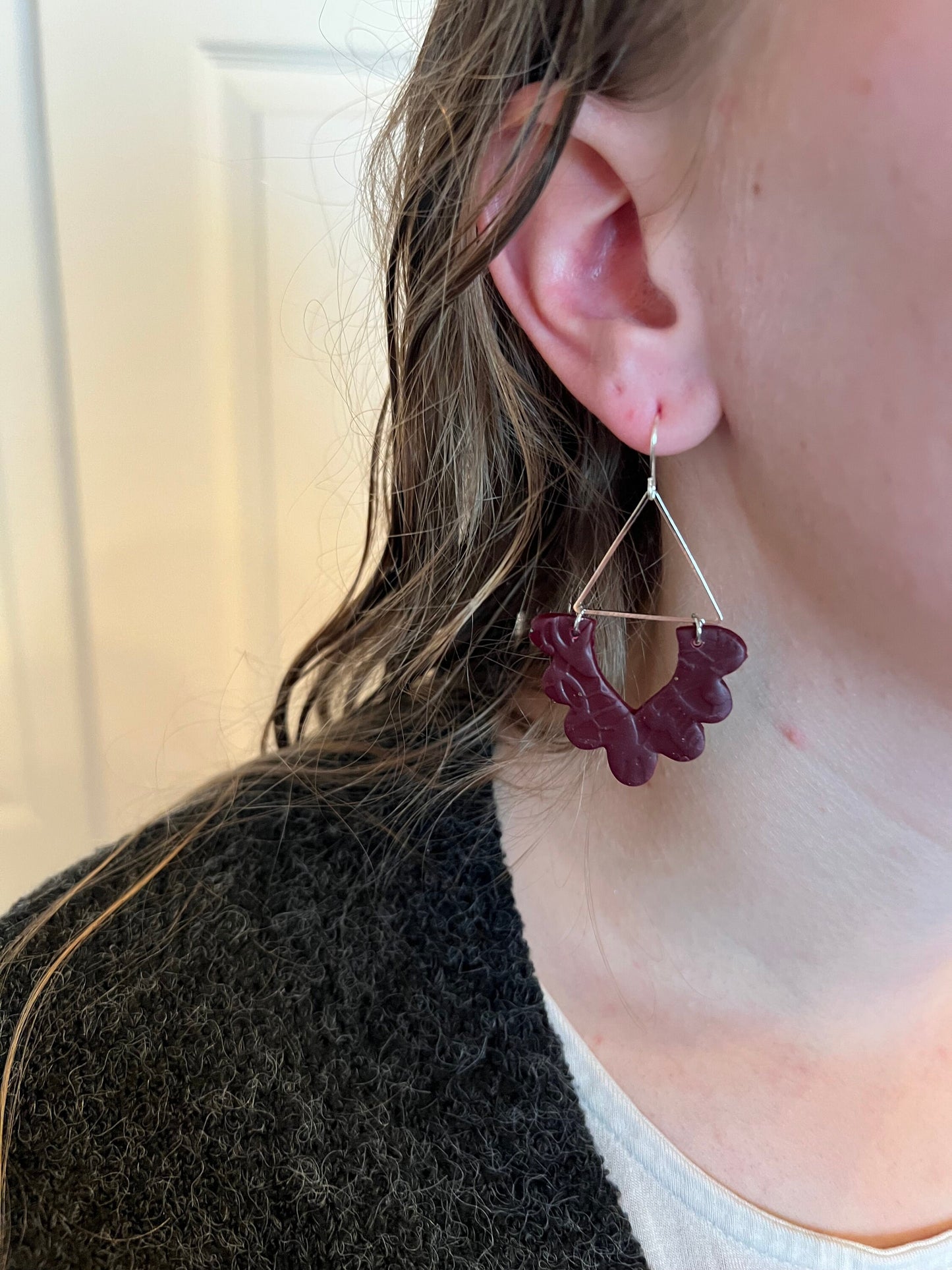 Burgundy scallop shape textured dangling clay earrings maroon dark red silver hardware handmade lightweight The Tracy