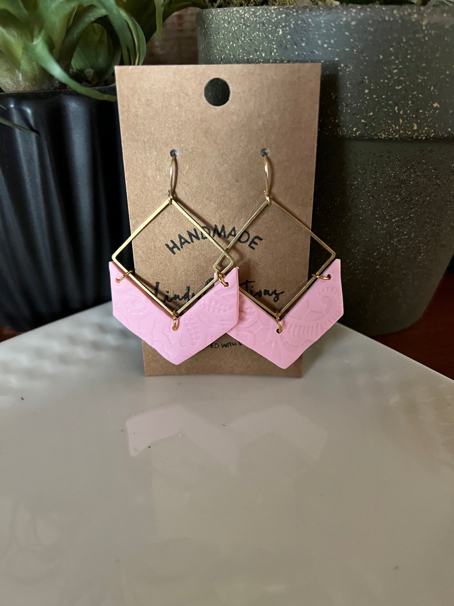Pink textured dangling handmade clay earrings Lightweight delicate lace texture modern geometric gold hardware The Nikki