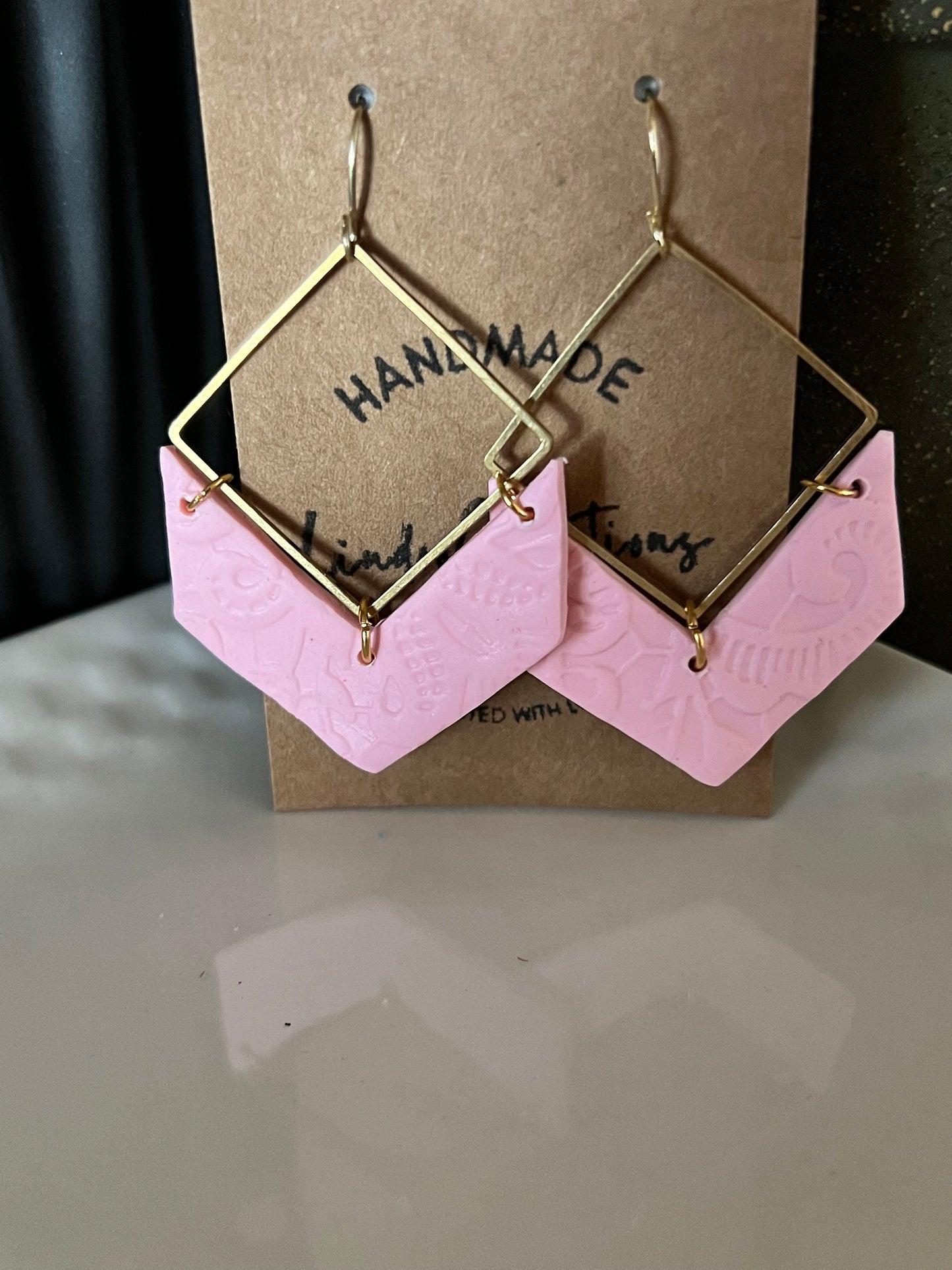 Pink textured dangling handmade clay earrings Lightweight delicate lace texture modern geometric gold hardware The Nikki