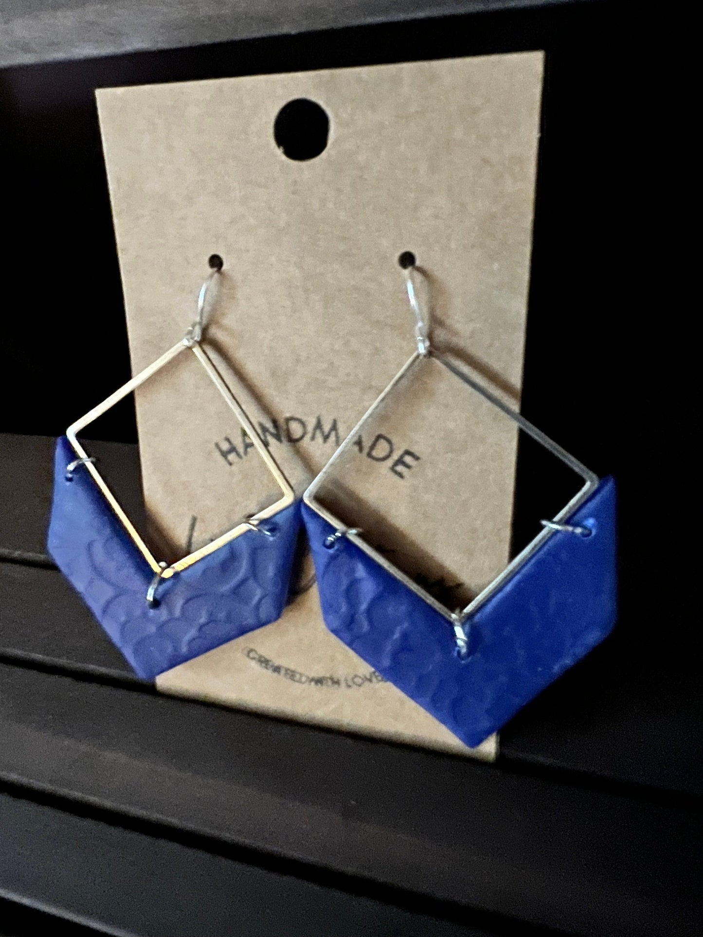 Royal Blue clay earrings/lightweight textured/lace pattern/silver hardware/The Nikki
