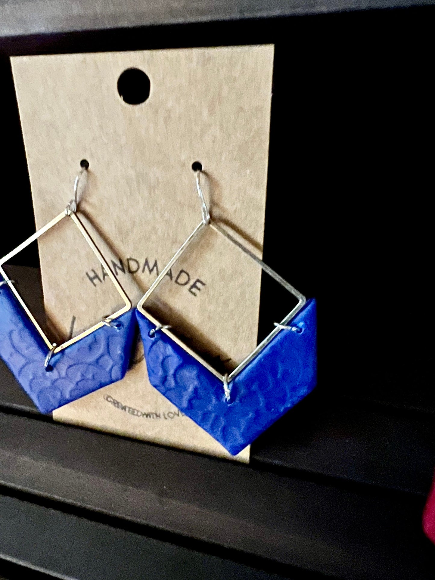 Royal Blue clay earrings/lightweight textured/lace pattern/silver hardware/The Nikki