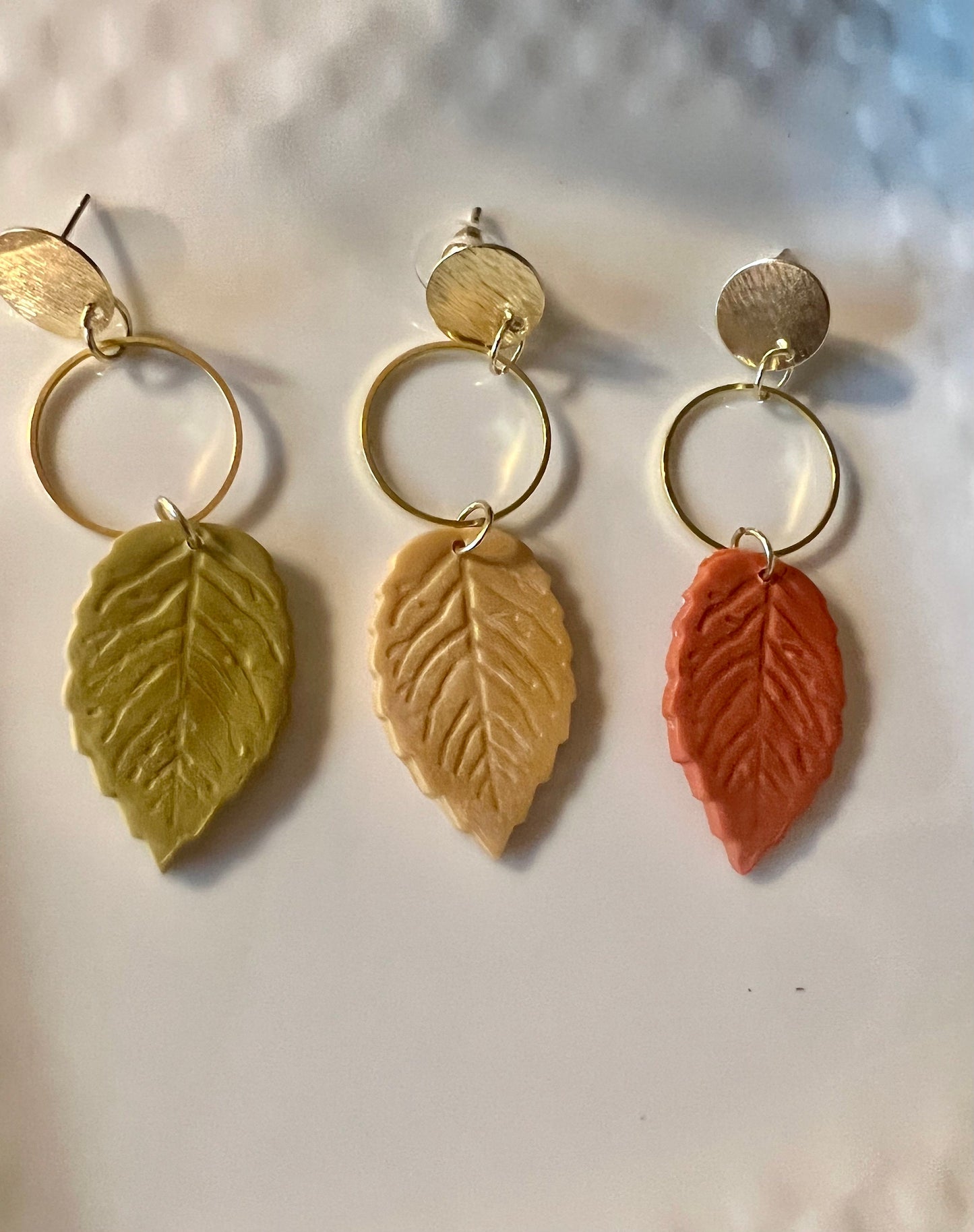 Burnt Orange leaf polymer clay earrings/gold hardware/gold stud autumn fall/lightweight/The Elena