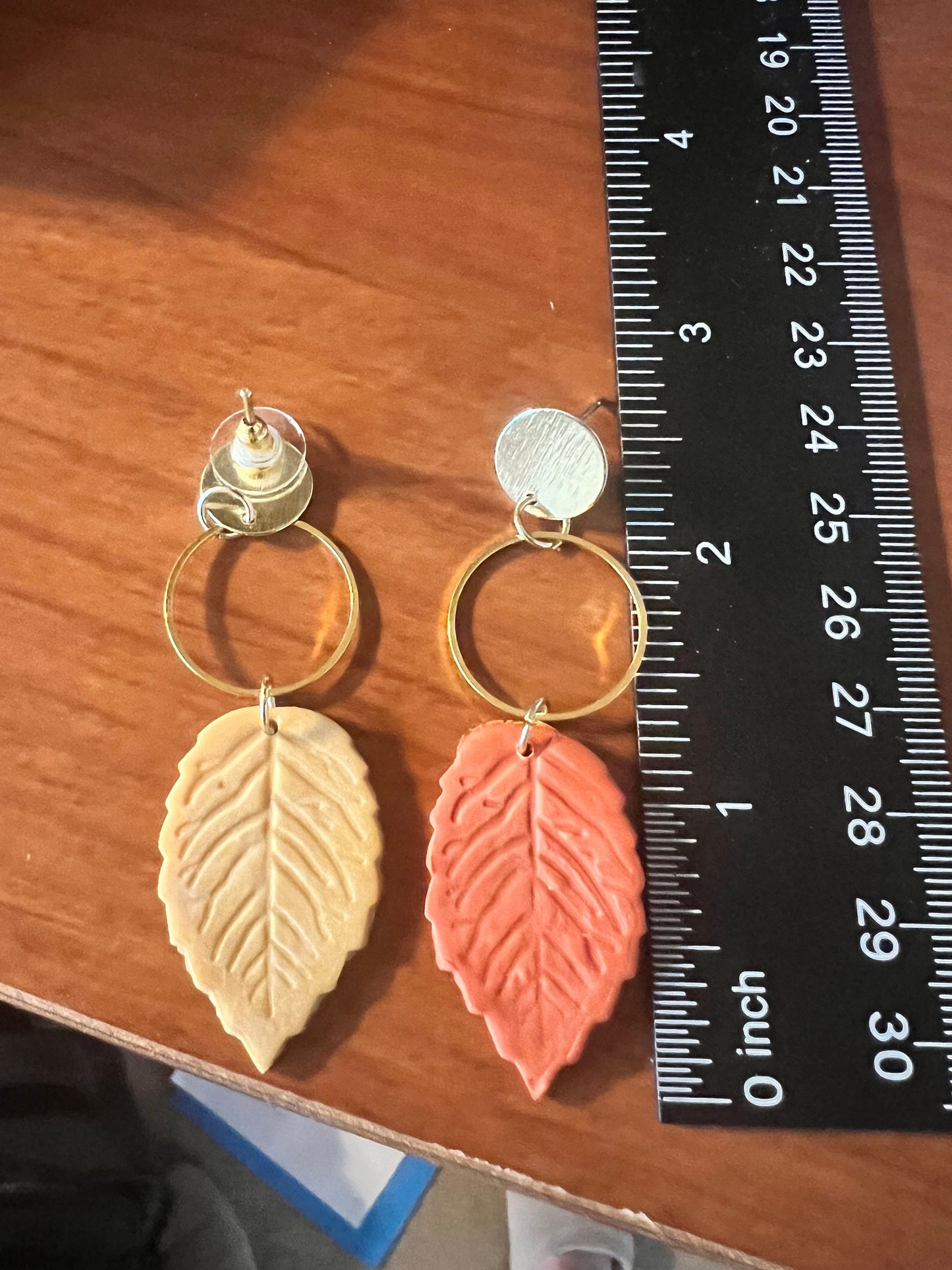 Burnt Orange leaf polymer clay earrings/gold hardware/gold stud autumn fall/lightweight/The Elena