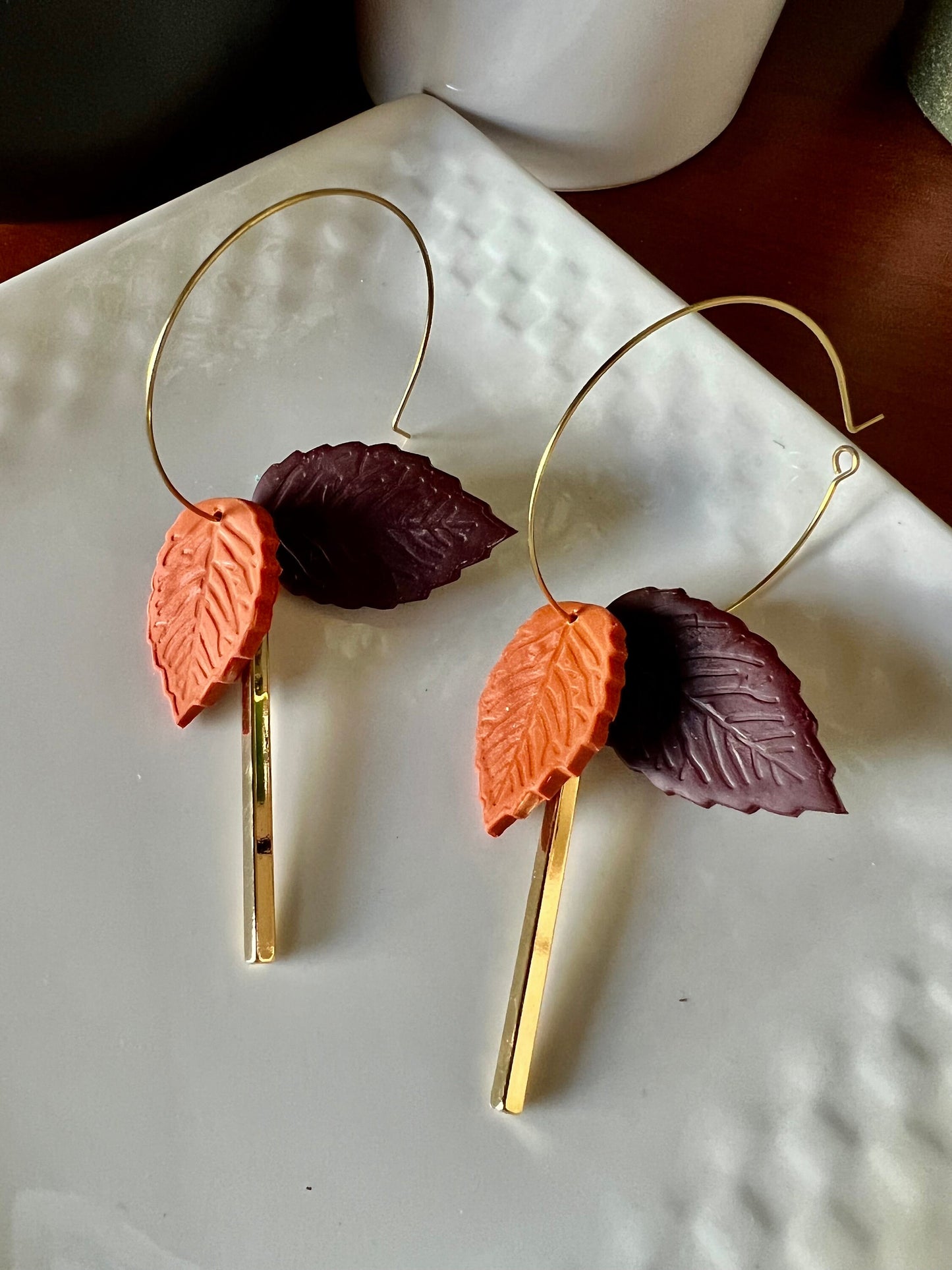 Maroon & Burnt Orange leaves handmade clay earrings gold hoop autumn fall earrings The Gianna