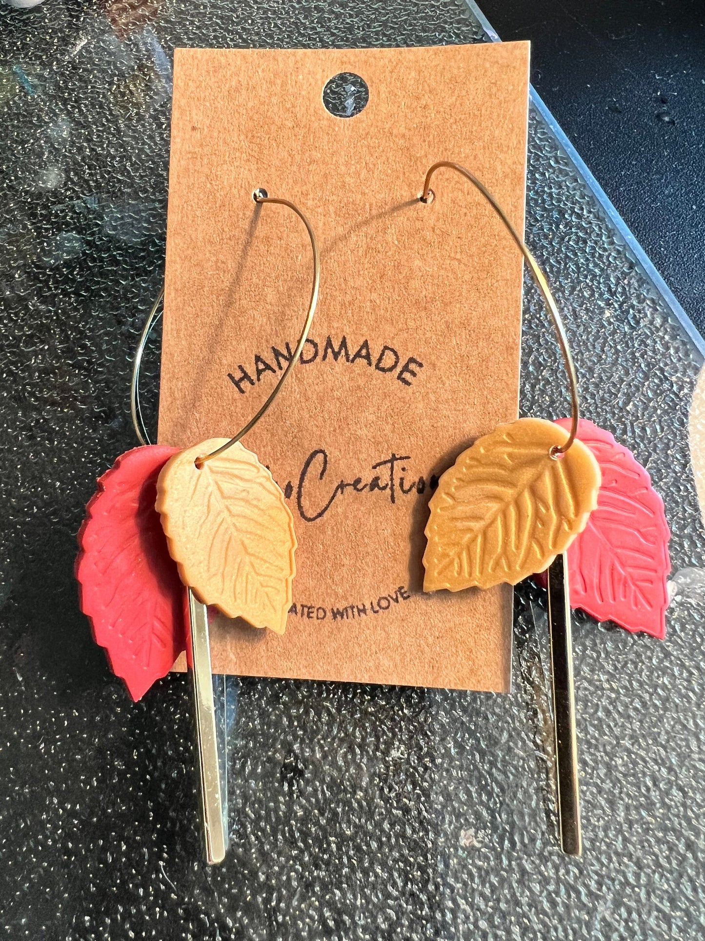 Orange and Gold autumn leaf clay earrings handmade Fall style dangling gold bar and hoop The Gianna