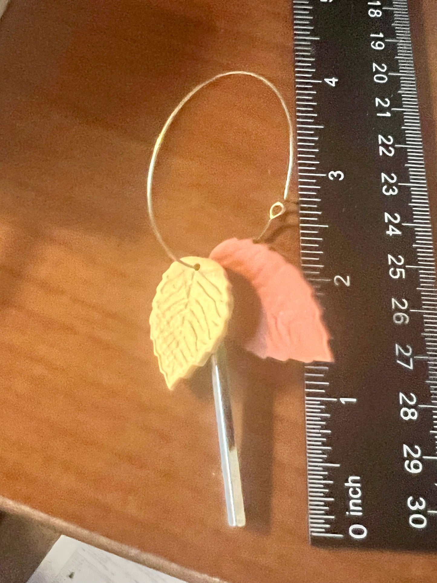 Orange and Gold autumn leaf clay earrings handmade Fall style dangling gold bar and hoop The Gianna