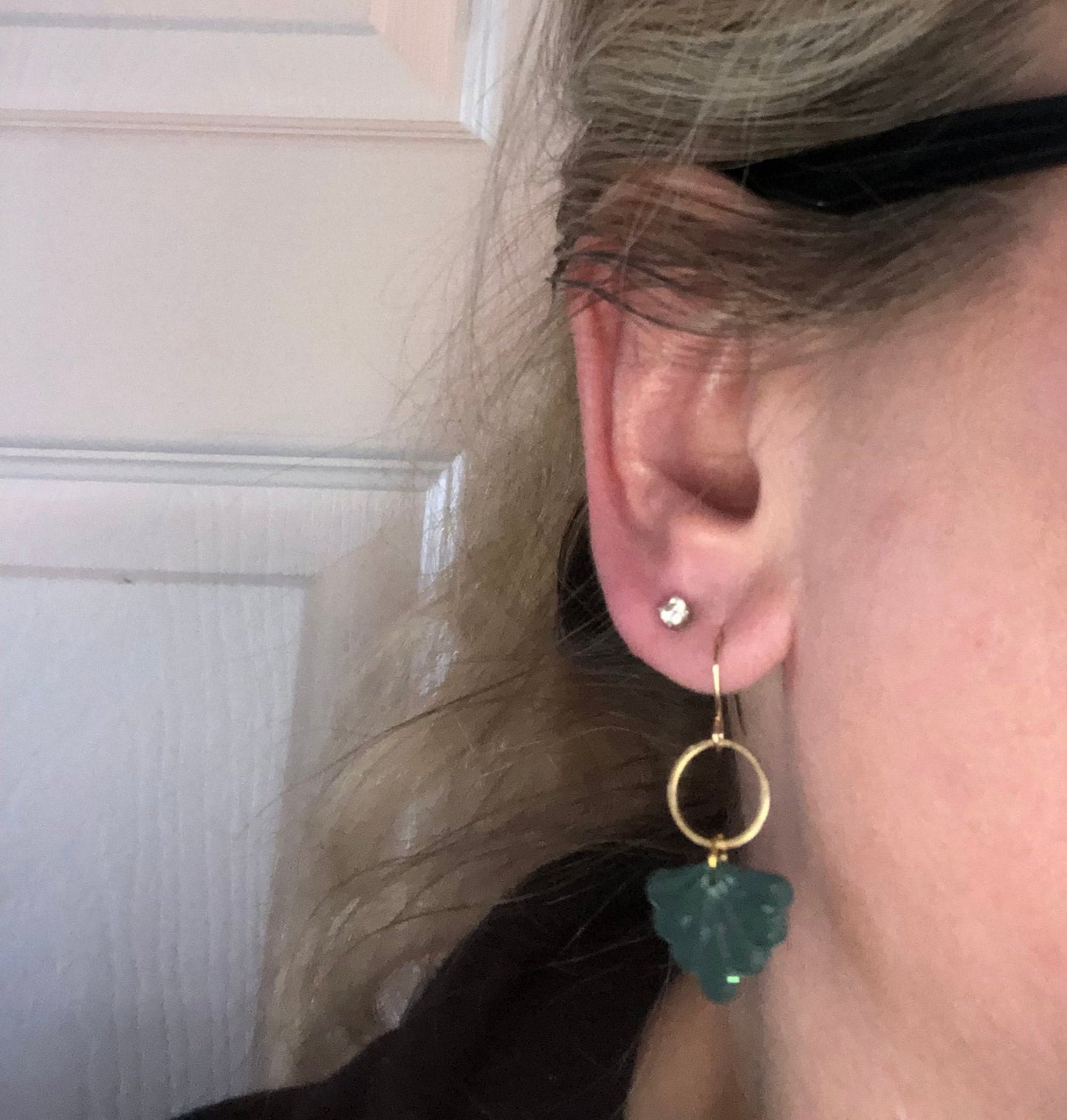 Apple Green small shell shape petite dangling clay earrings gold hardware lightweight The Leighann