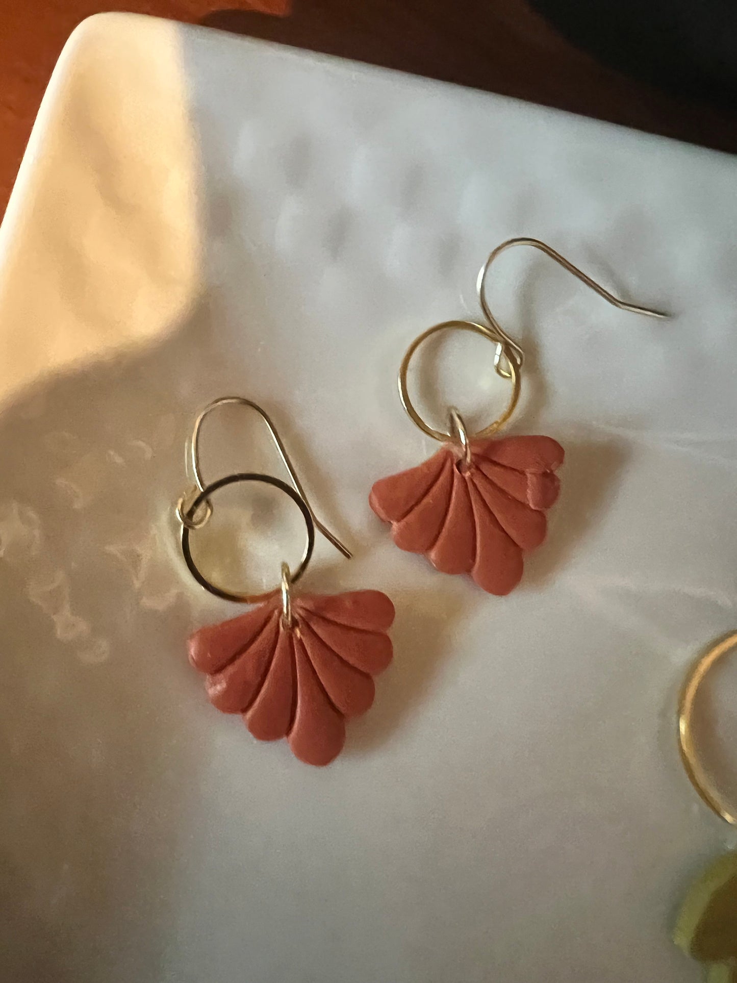 Burnt Orange small shell shape clay earrings petite dangling fall earrings lightweight The Leighann