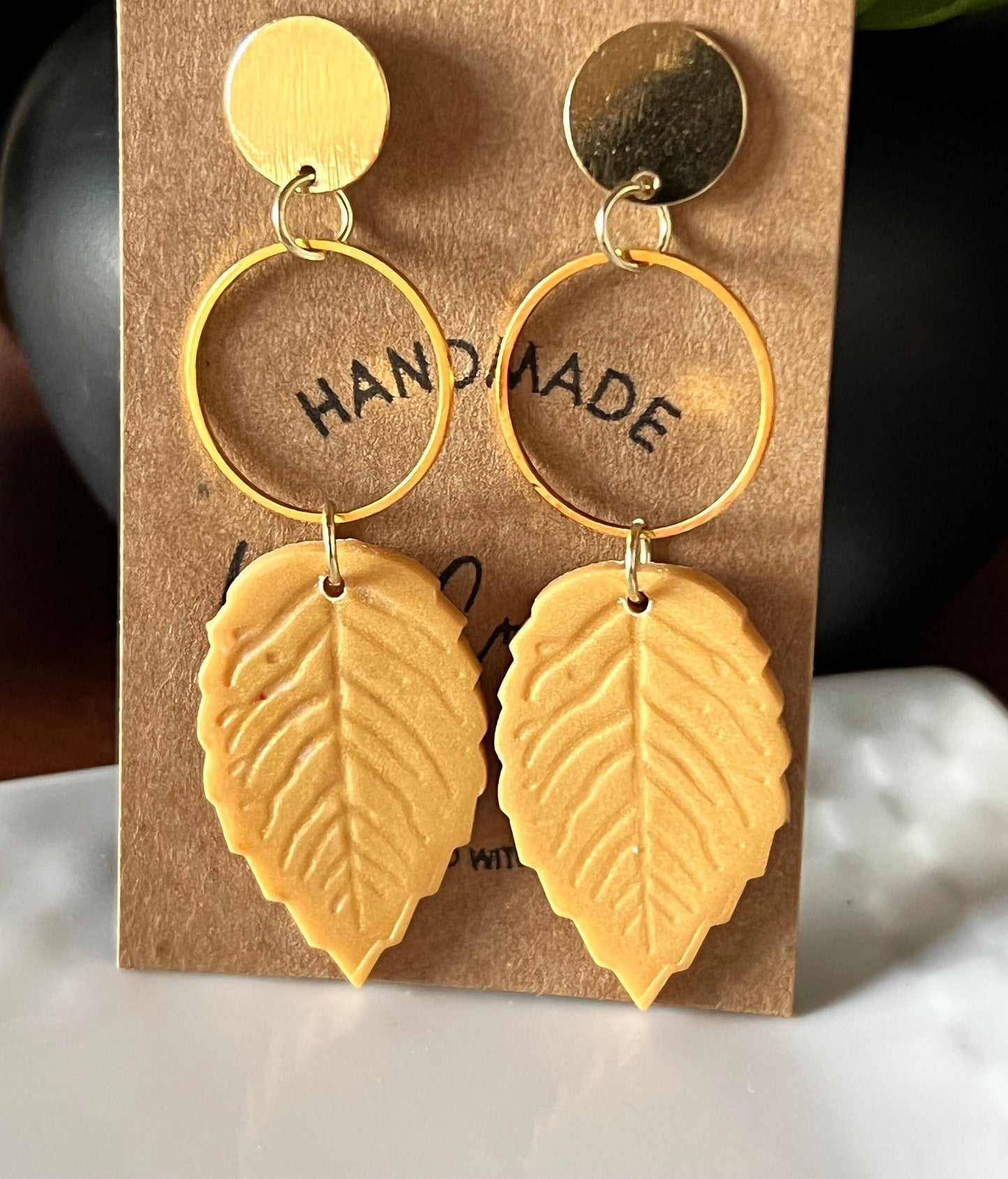 Yellow Gold leaf polymer clay earrings handmade autumn gold hardware gold stud The Elena