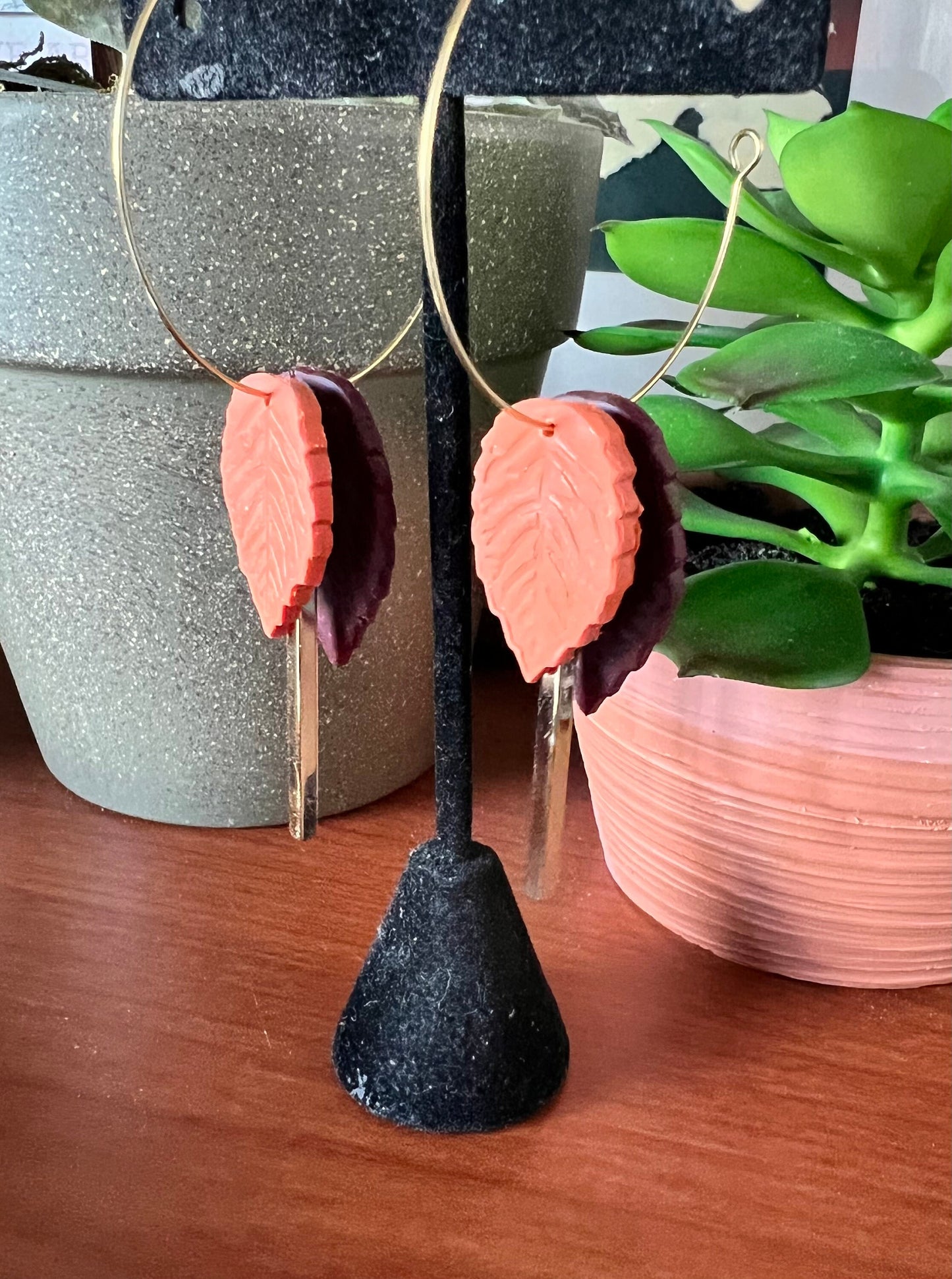 Maroon & Burnt Orange leaves handmade clay earrings gold hoop autumn fall earrings The Gianna