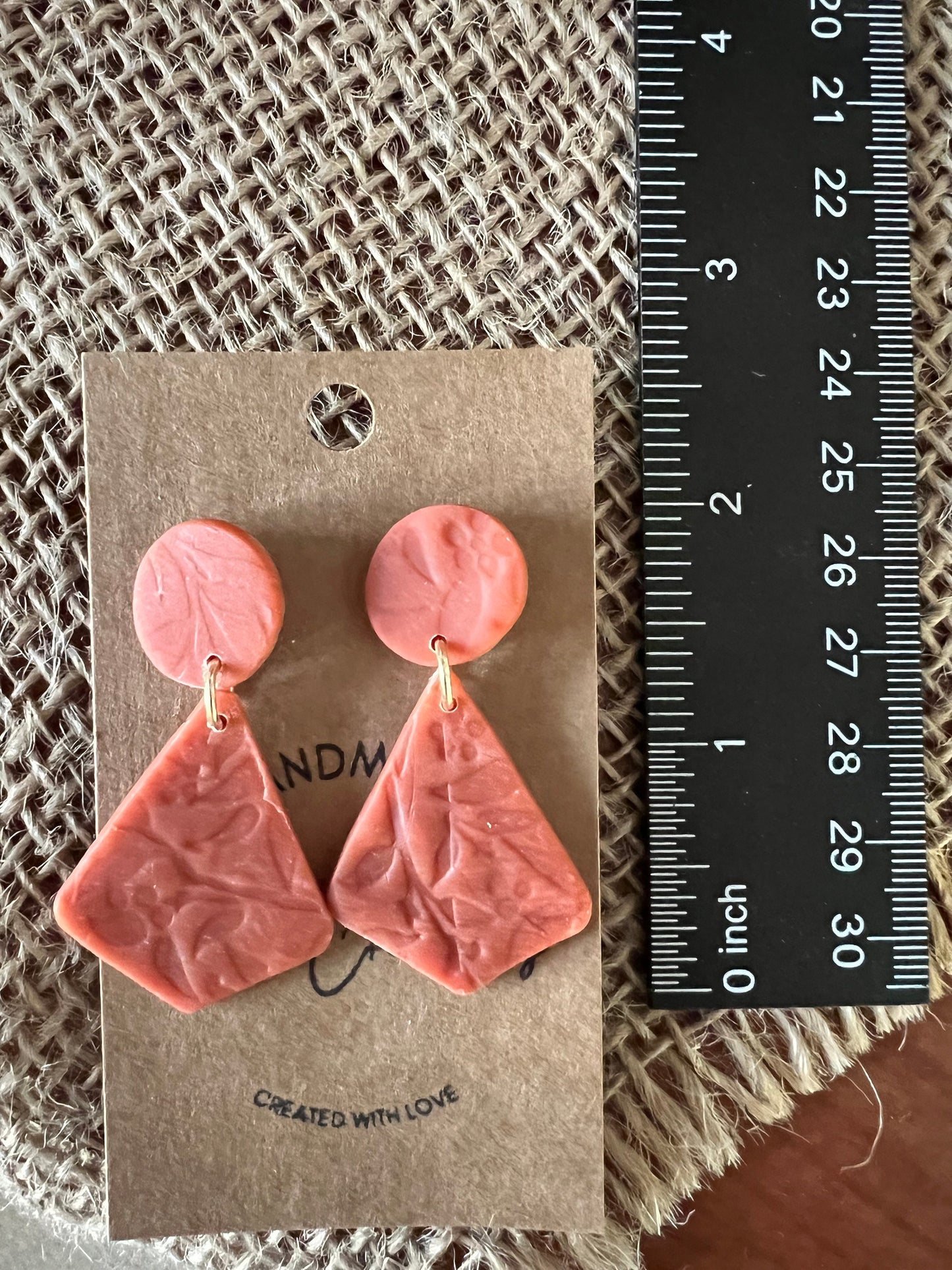 Burnt Orange dangling clay earrings with non metal plastic posts textured lightweight metal allergyThe Flurry