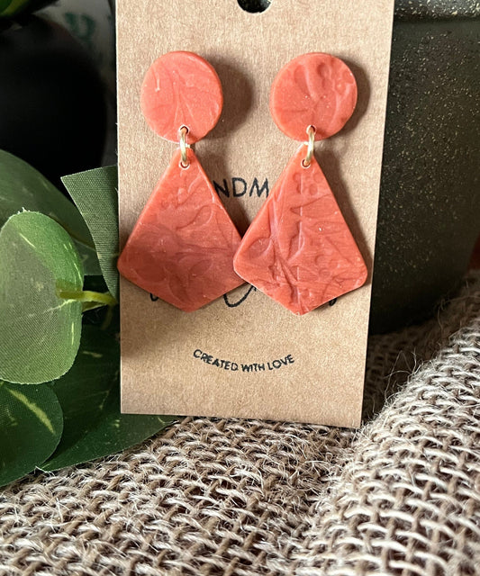Burnt Orange dangling clay earrings with non metal plastic posts textured lightweight metal allergyThe Flurry
