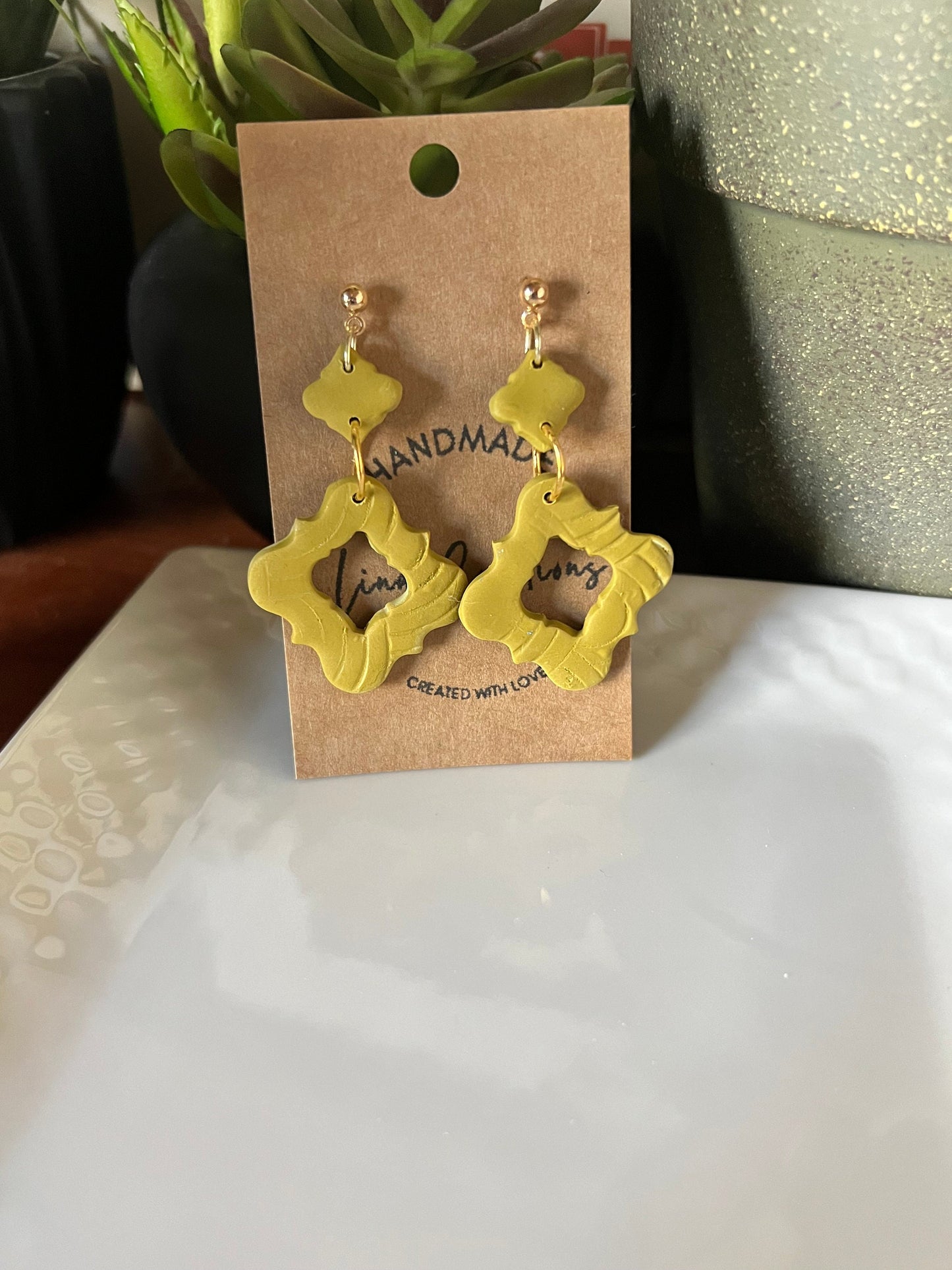 Apple Green light green yellow Moroccan shape small petite clay earrings lightweight The Bianca