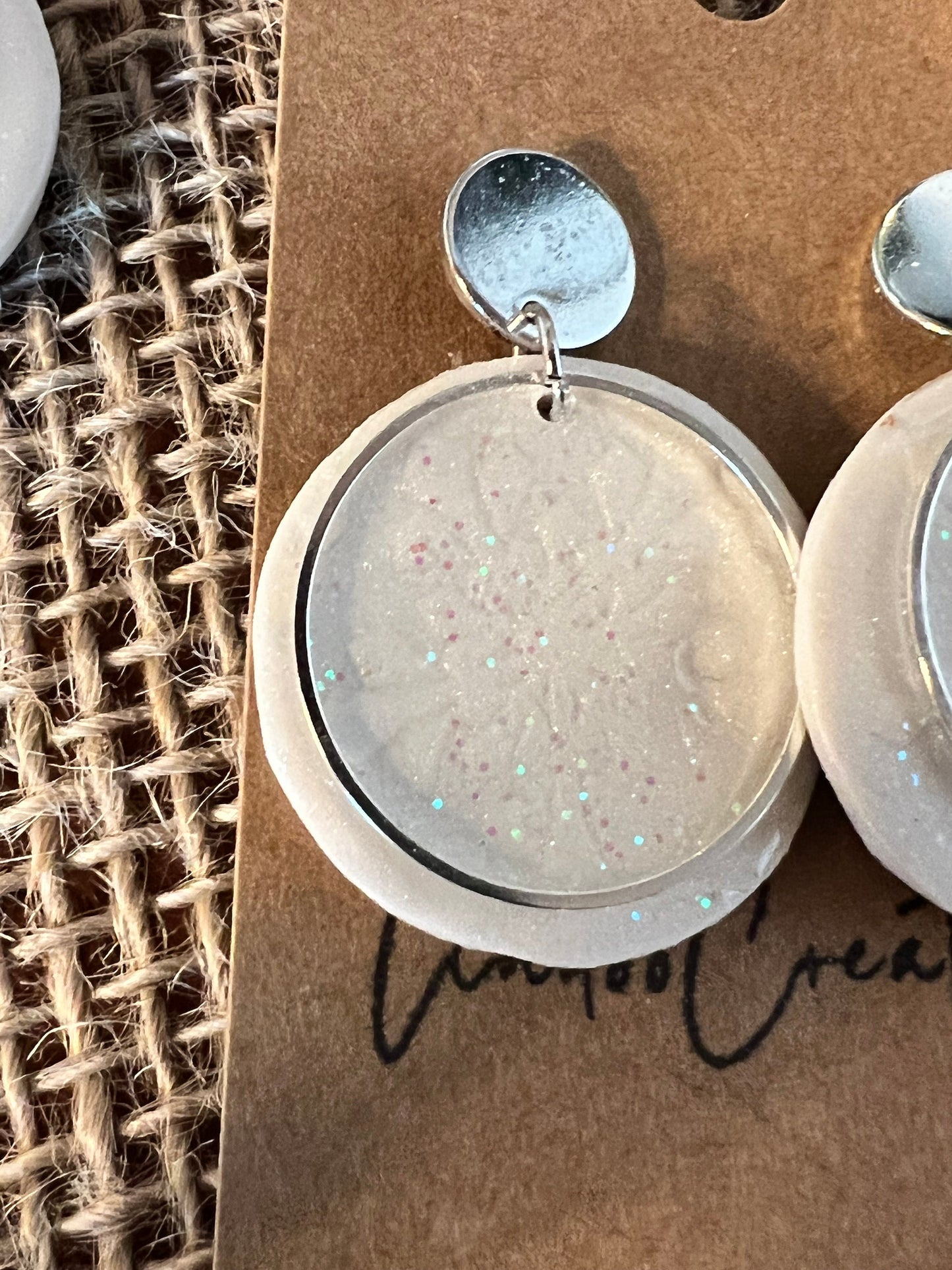 White polymer clay Snowflake textured earrings/sparkly/silver circle/push back /The Olivia