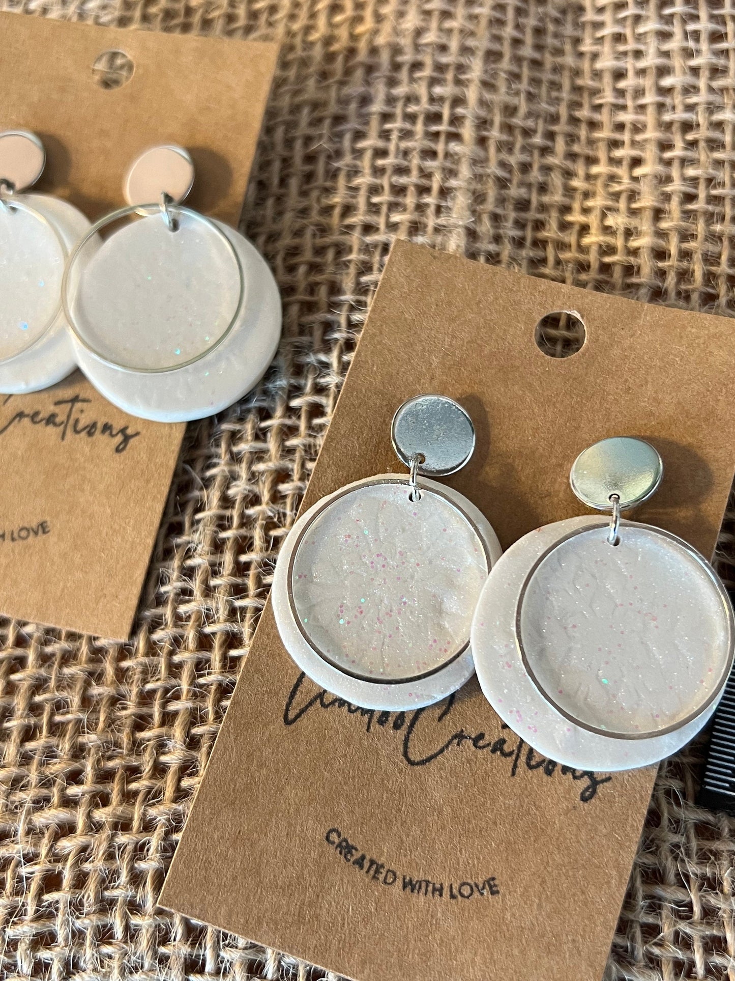 White polymer clay Snowflake textured earrings/sparkly/silver circle/push back /The Olivia