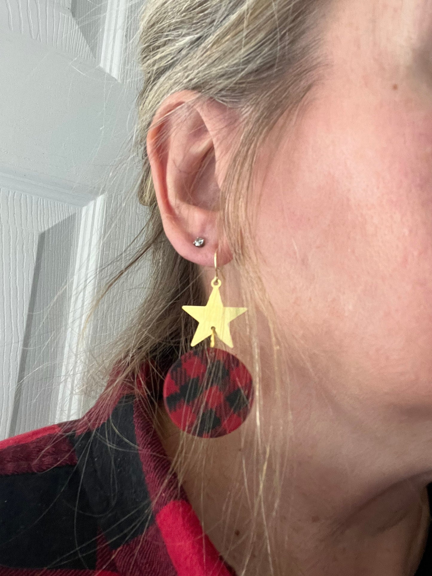 Red and Black Buffalo Plaid painted clay earrings handmade lightweight gold star accent Christmas winter holiday festive The Ornament