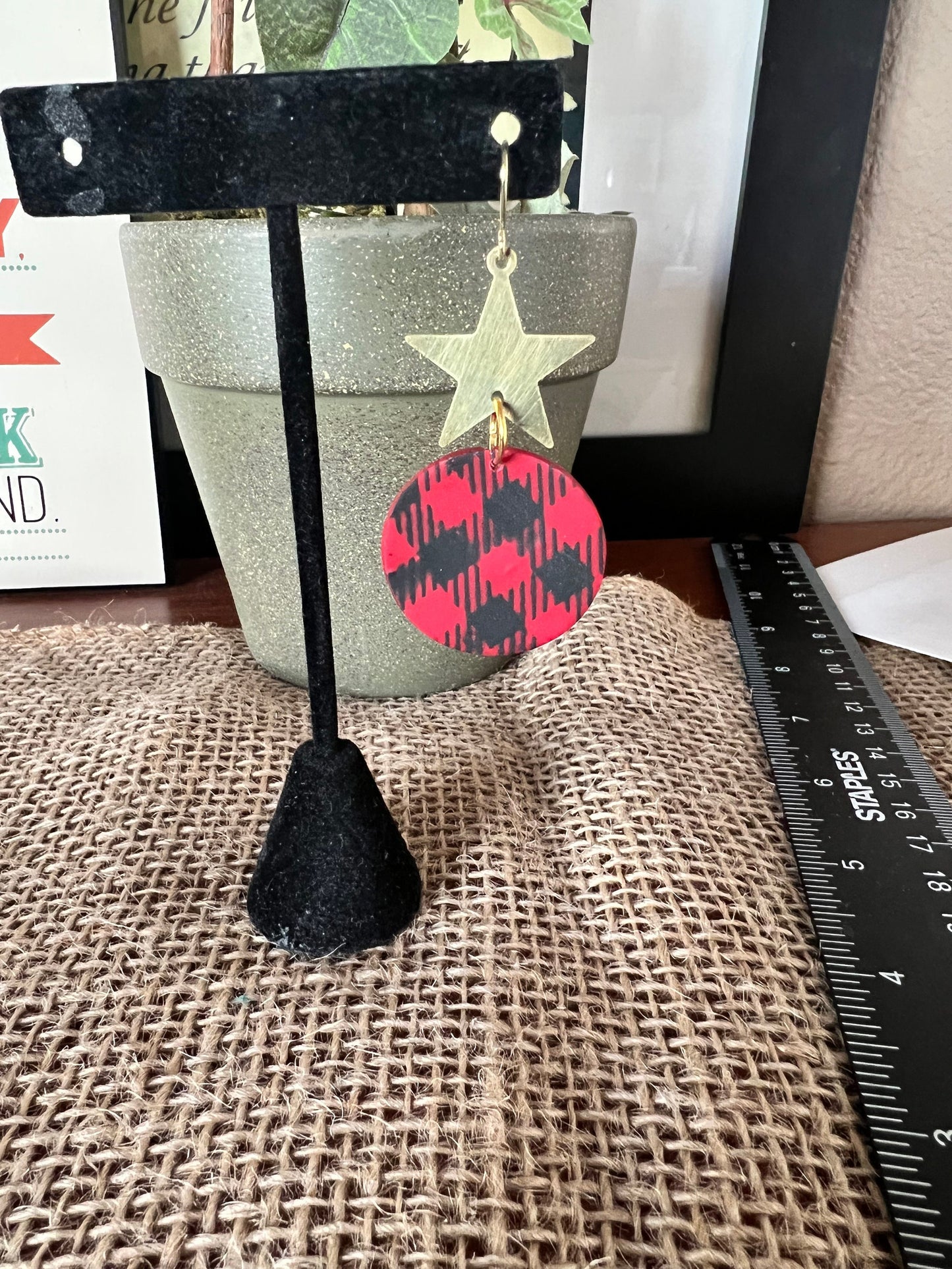 Red and Black Buffalo Plaid painted clay earrings/lightweight/gold star accent/Christmas holiday festive/ The Ornament