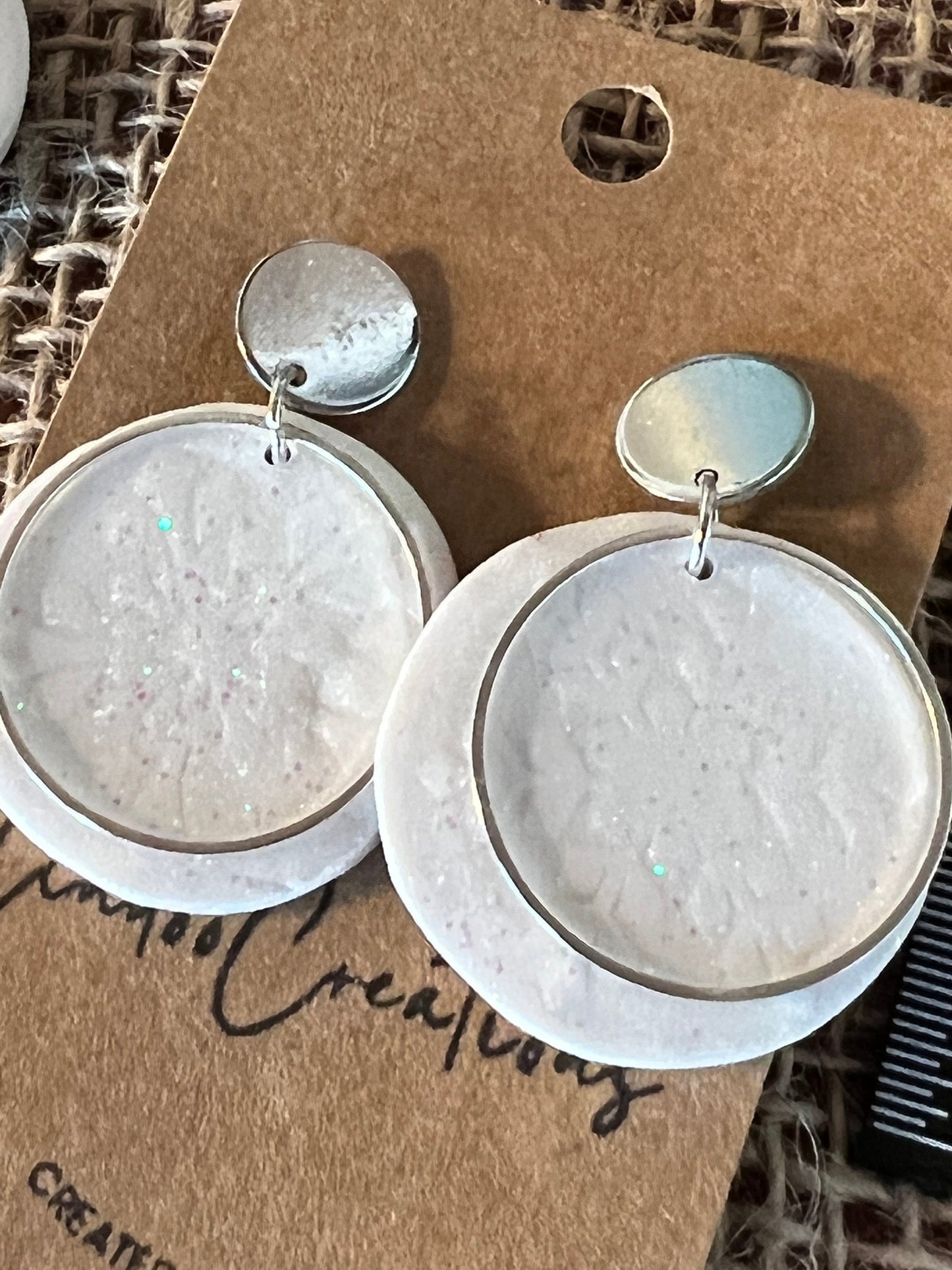White polymer clay Snowflake textured earrings/sparkly/silver circle/push back /The Olivia